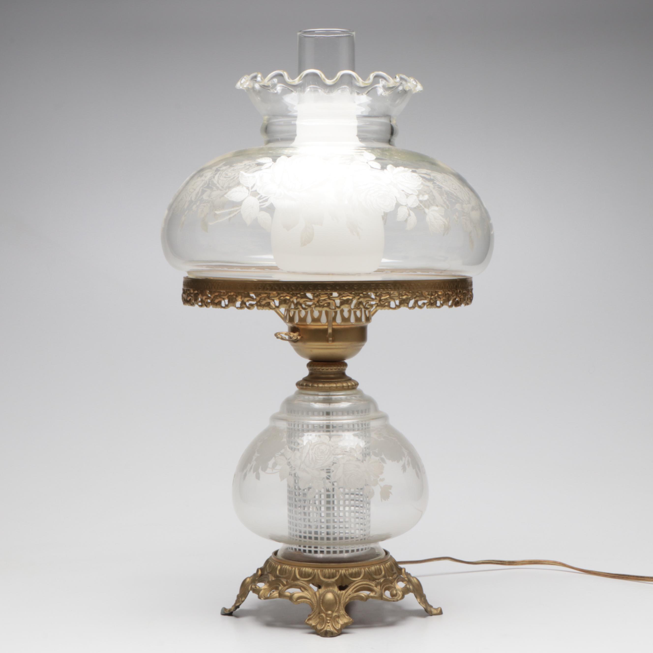 Victorian Style Gilt Metal and Etched Glass Parlor Lamp, Mid to Late 20th C