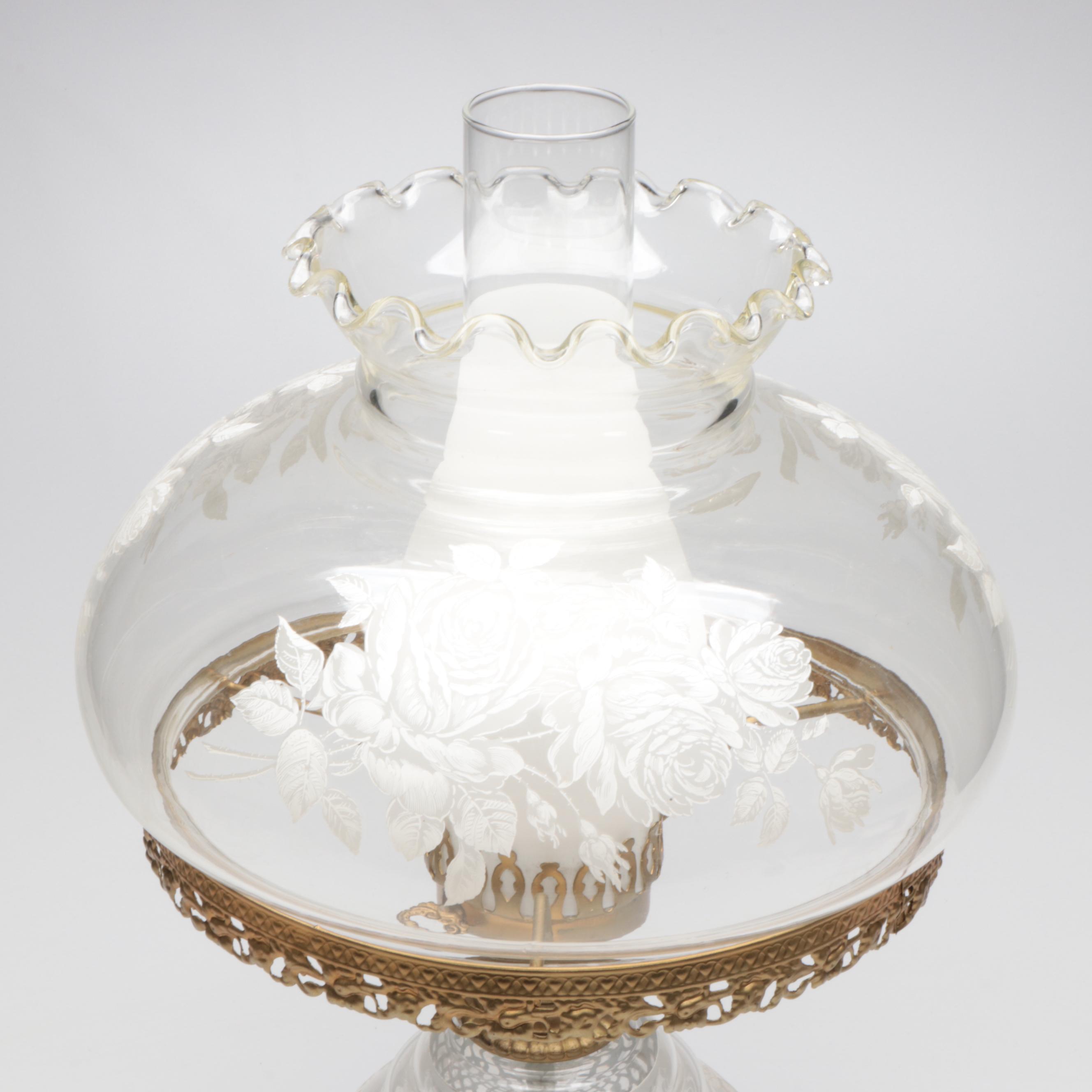 Victorian Style Gilt Metal and Etched Glass Parlor Lamp, Mid to Late 20th C