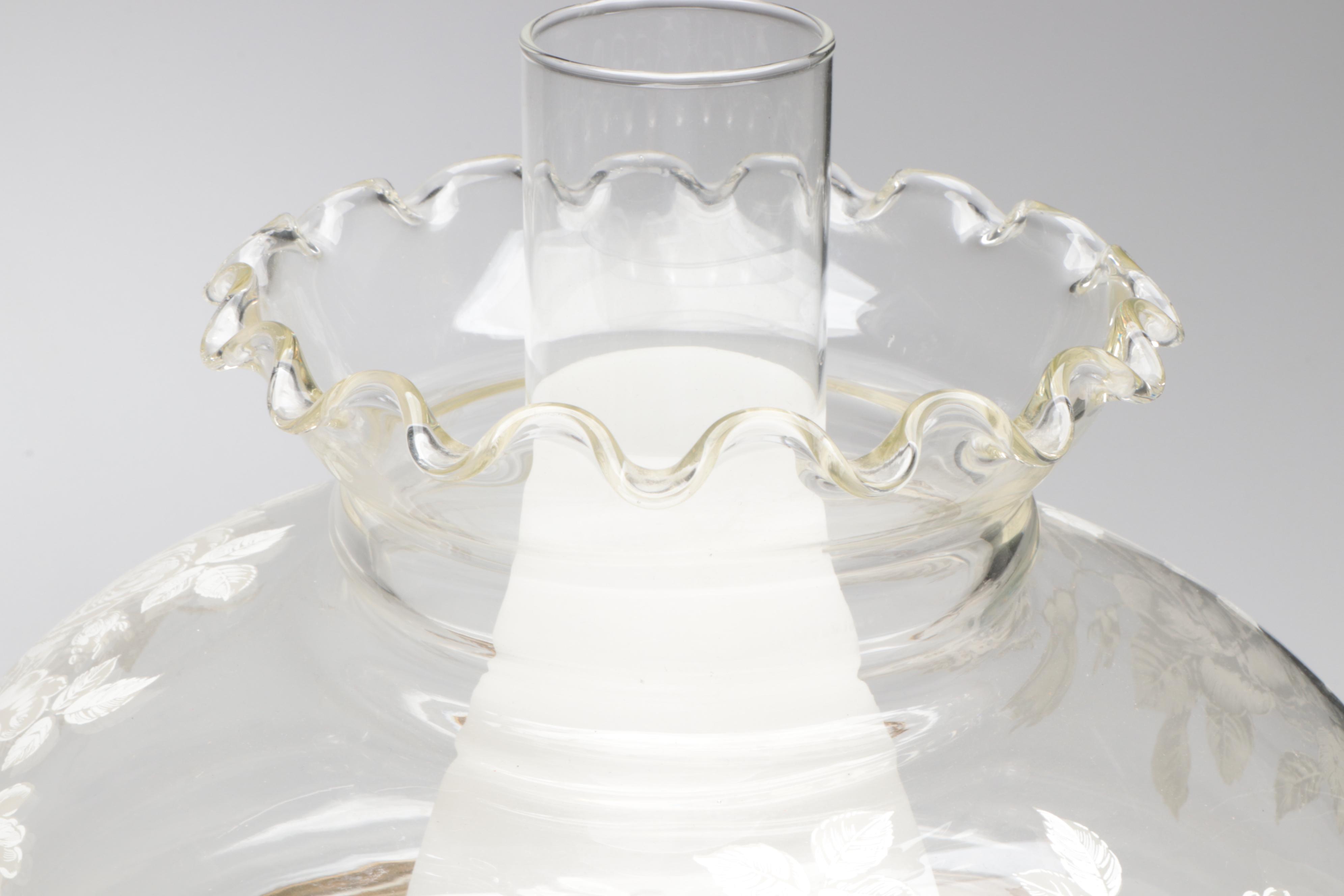 Victorian Style Gilt Metal and Etched Glass Parlor Lamp, Mid to Late 20th C