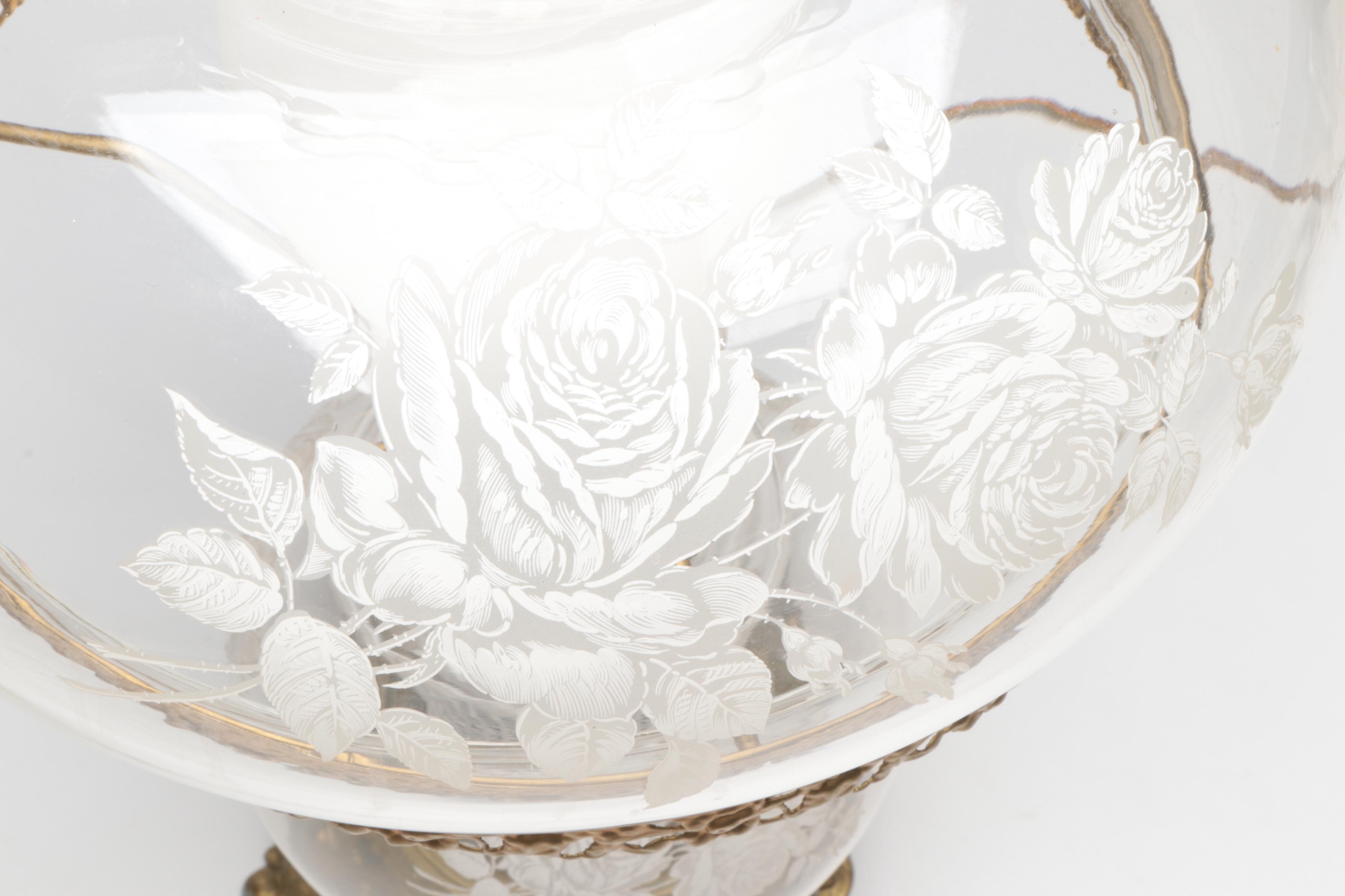 Victorian Style Gilt Metal and Etched Glass Parlor Lamp, Mid to Late 20th C