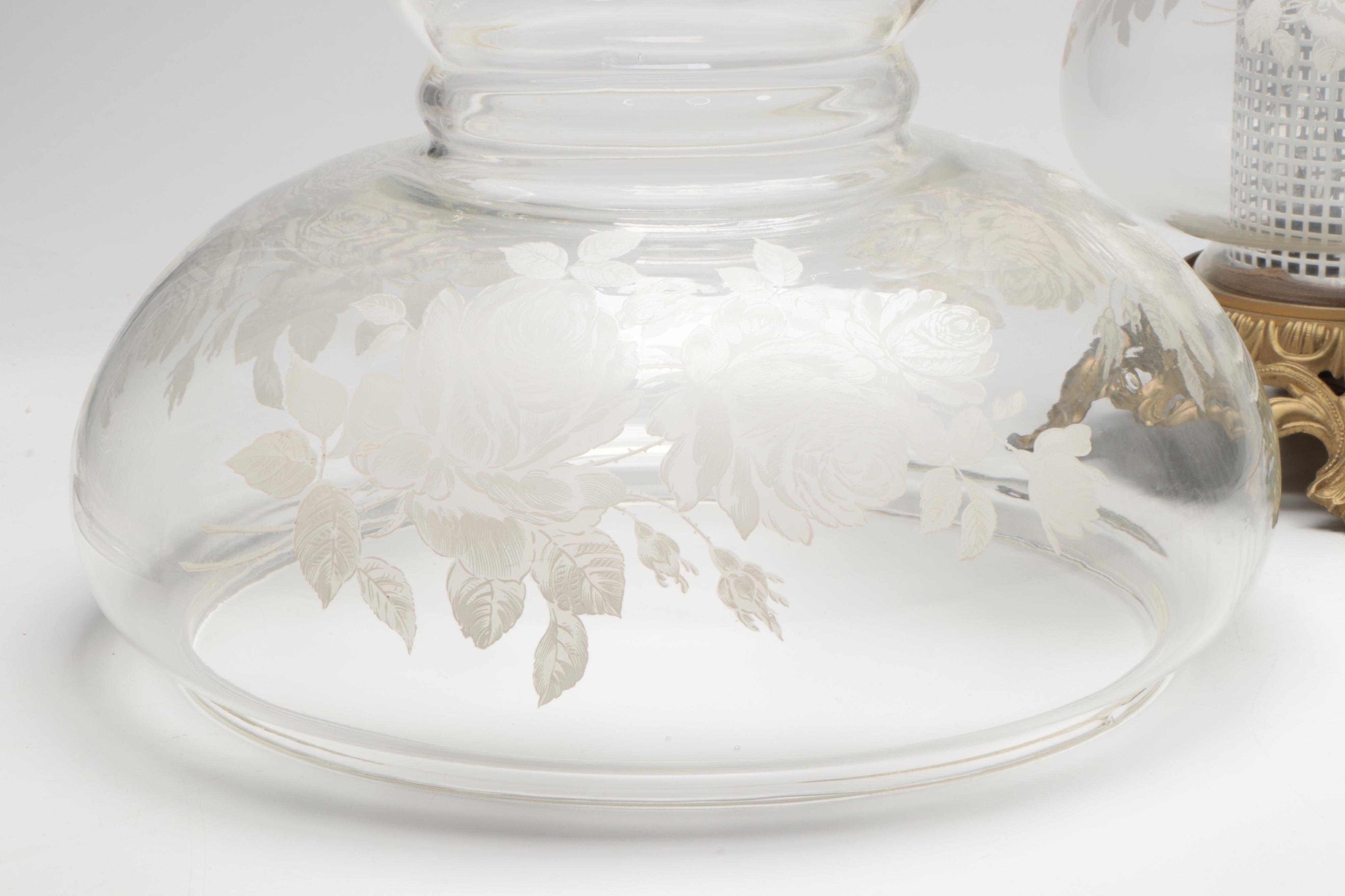 Victorian Style Gilt Metal and Etched Glass Parlor Lamp, Mid to Late 20th C