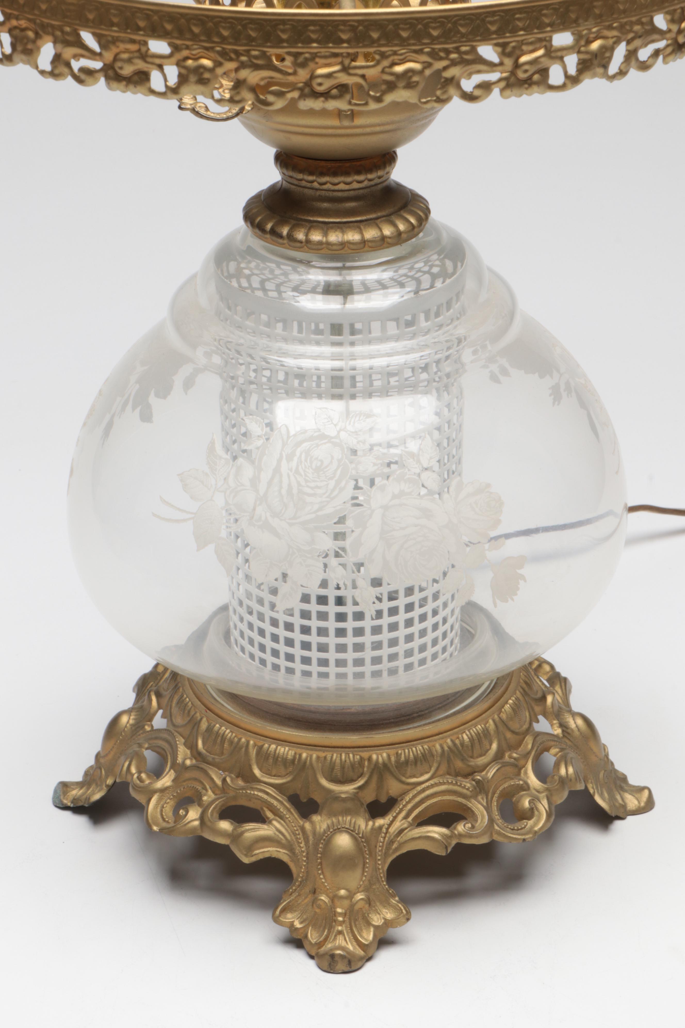 Victorian Style Gilt Metal and Etched Glass Parlor Lamp, Mid to Late 20th C