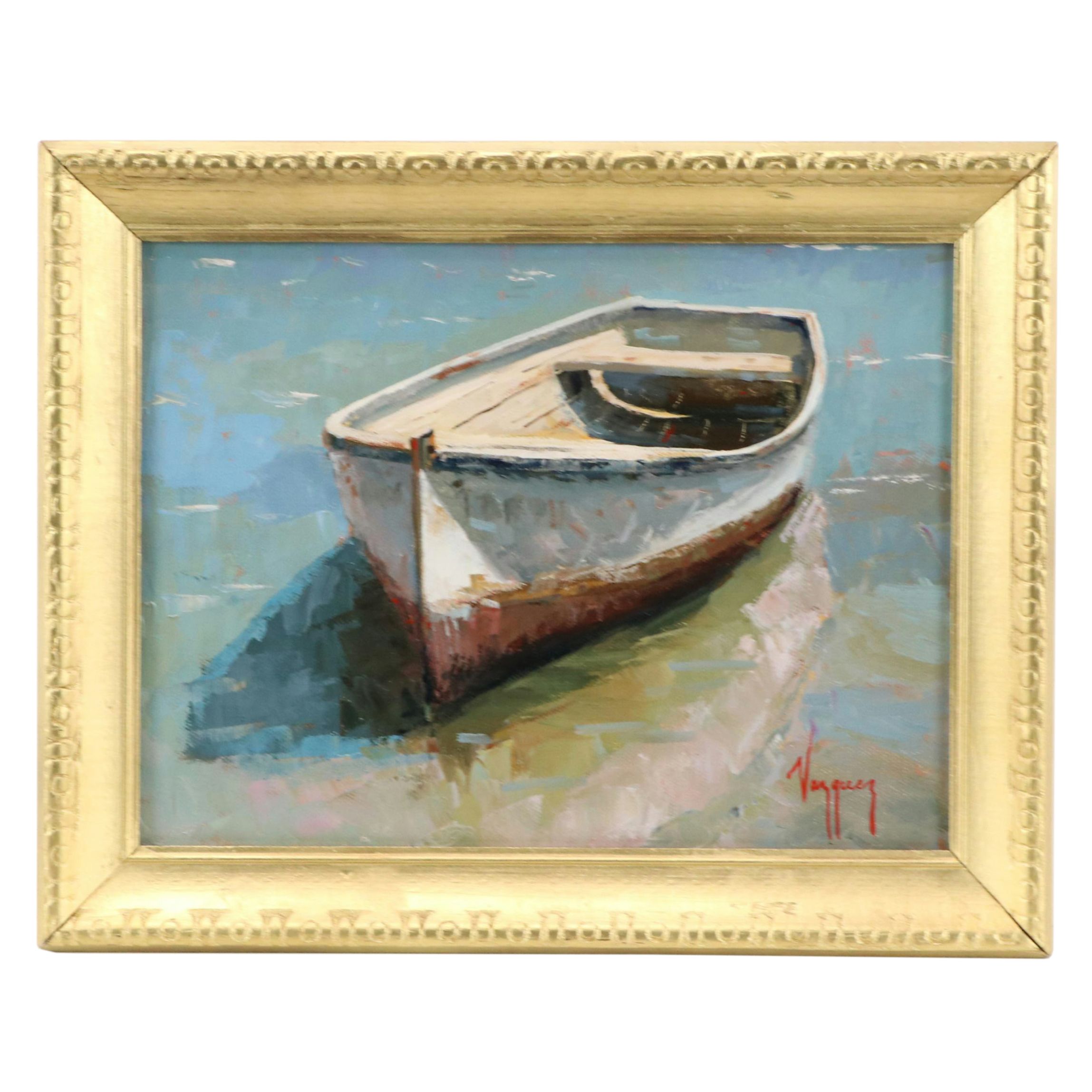 Marco Antonio Vasquez Oil Painting of a Boat, 21st Century