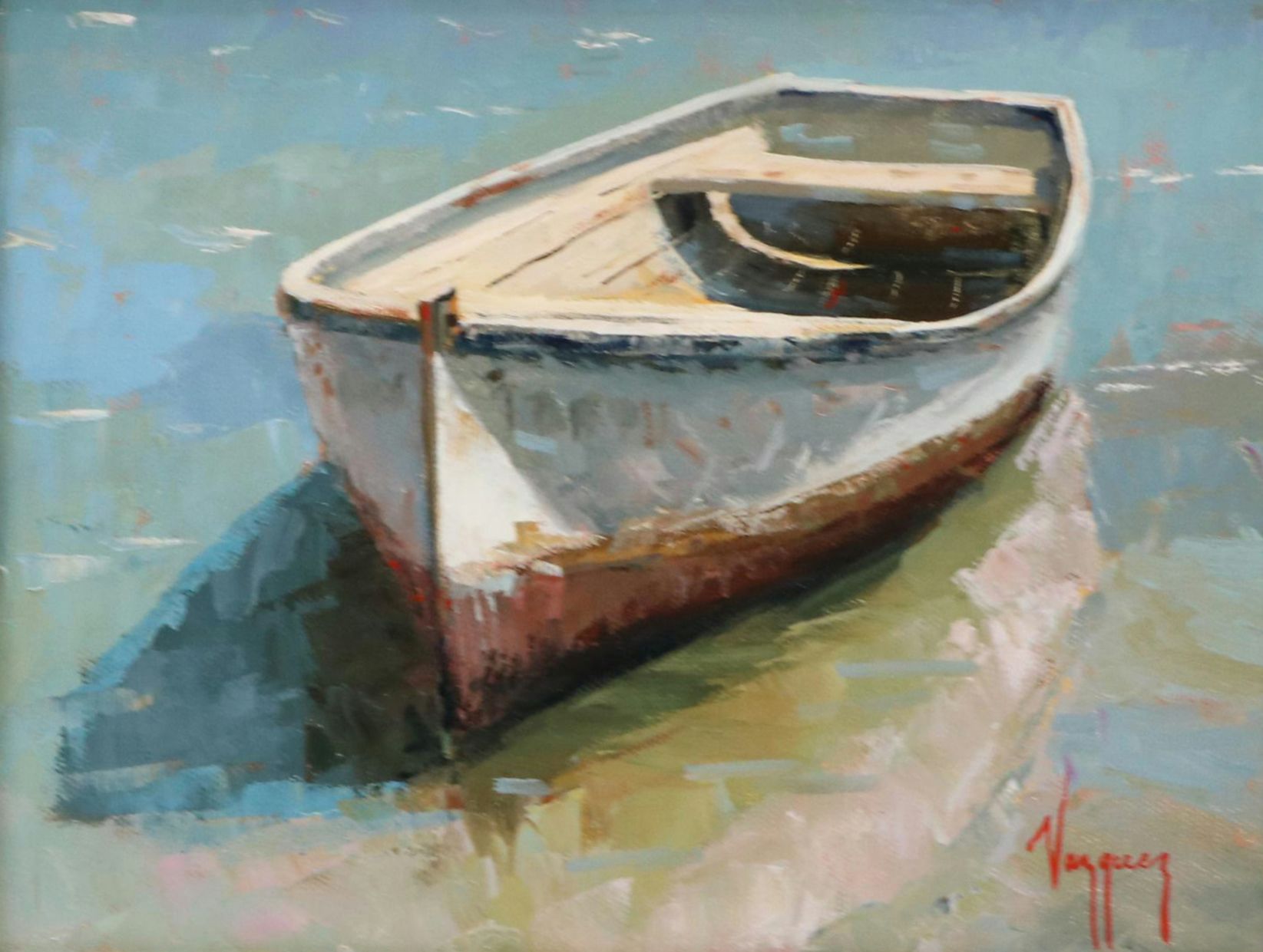 Marco Antonio Vasquez Oil Painting of a Boat, 21st Century