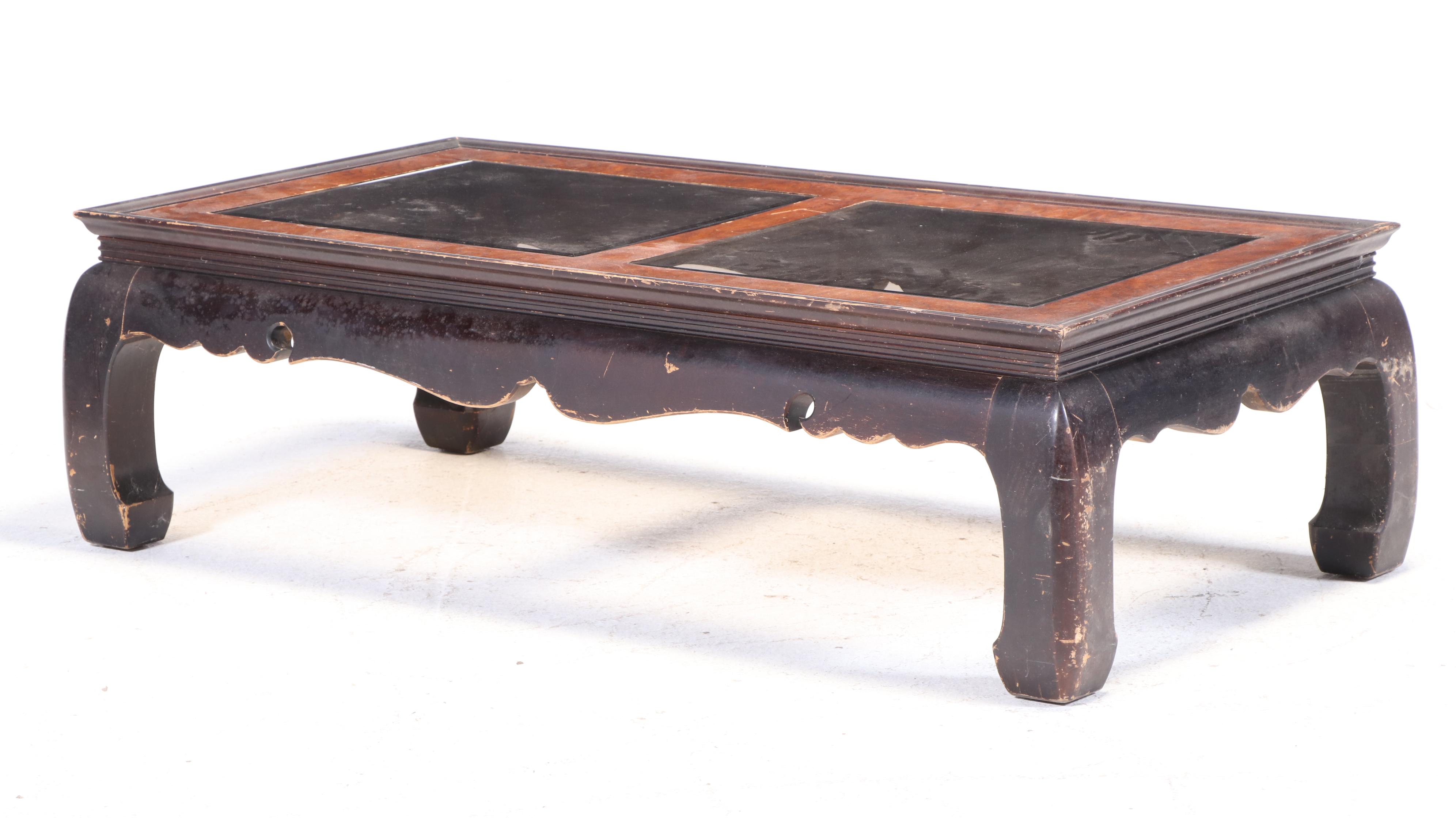 Three Gordon's Inc Chinese Style Elm, Ebonized, & Smoked Glass Occasional Tables
