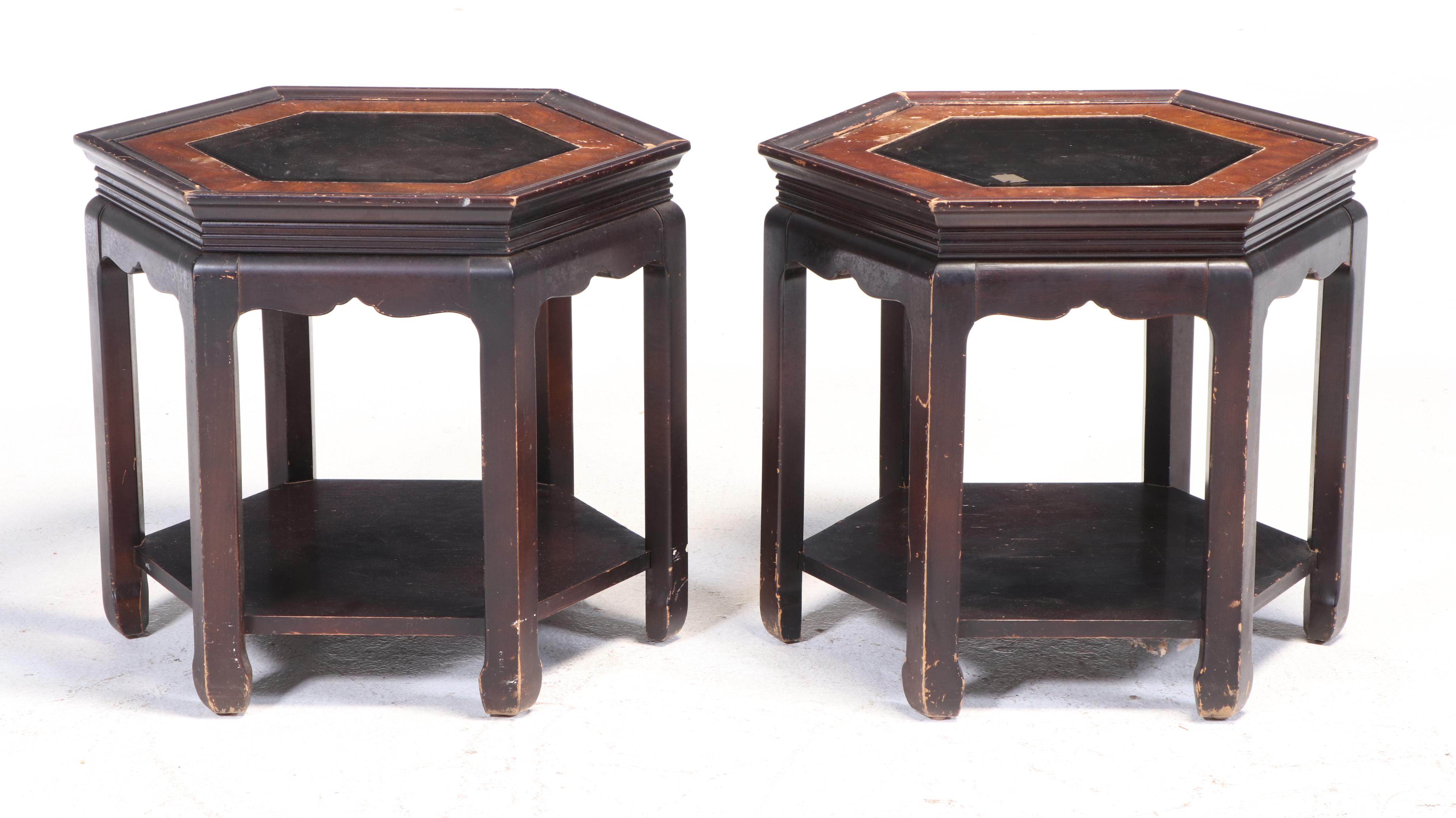 Three Gordon's Inc Chinese Style Elm, Ebonized, & Smoked Glass Occasional Tables