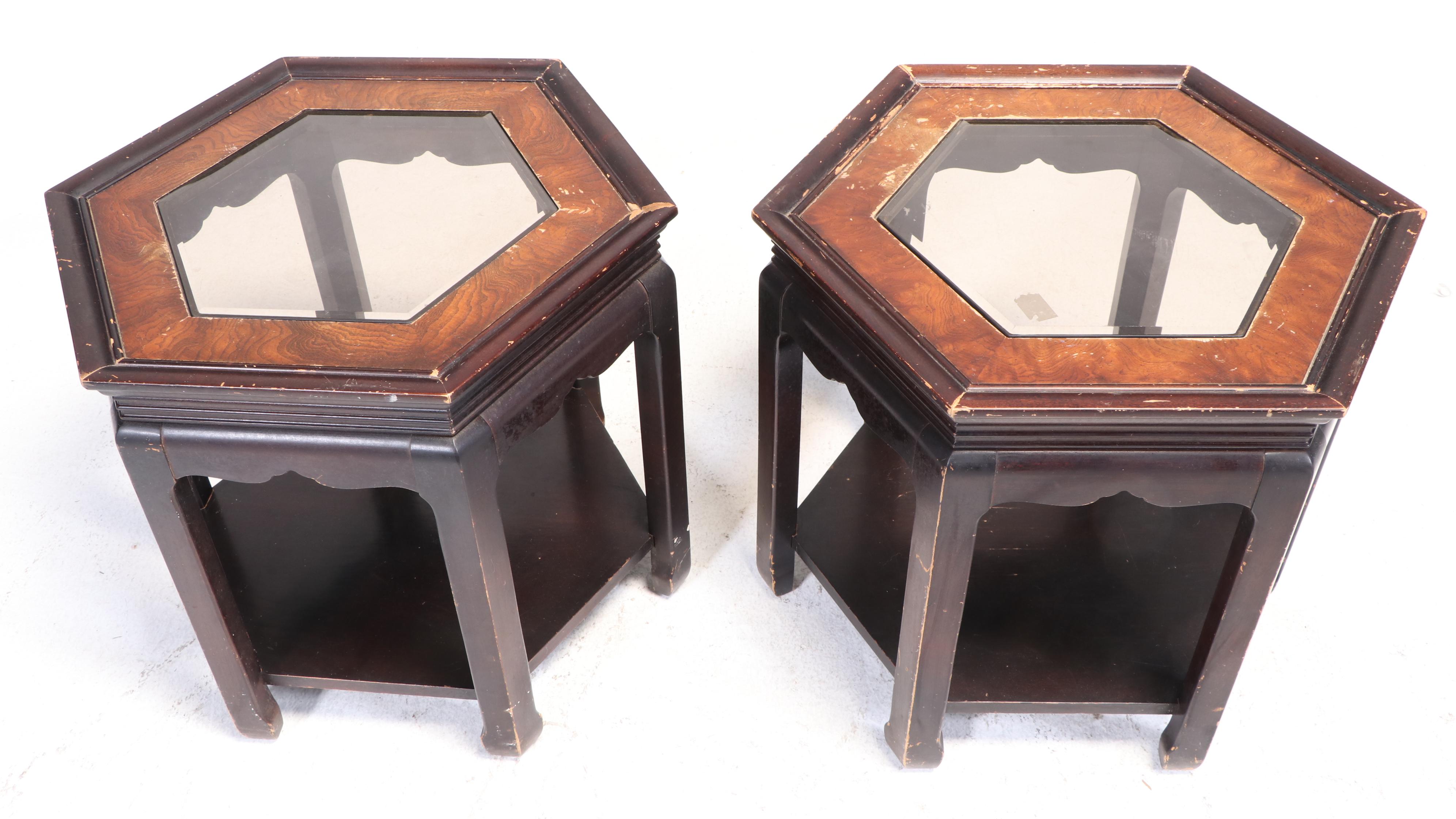 Three Gordon's Inc Chinese Style Elm, Ebonized, & Smoked Glass Occasional Tables