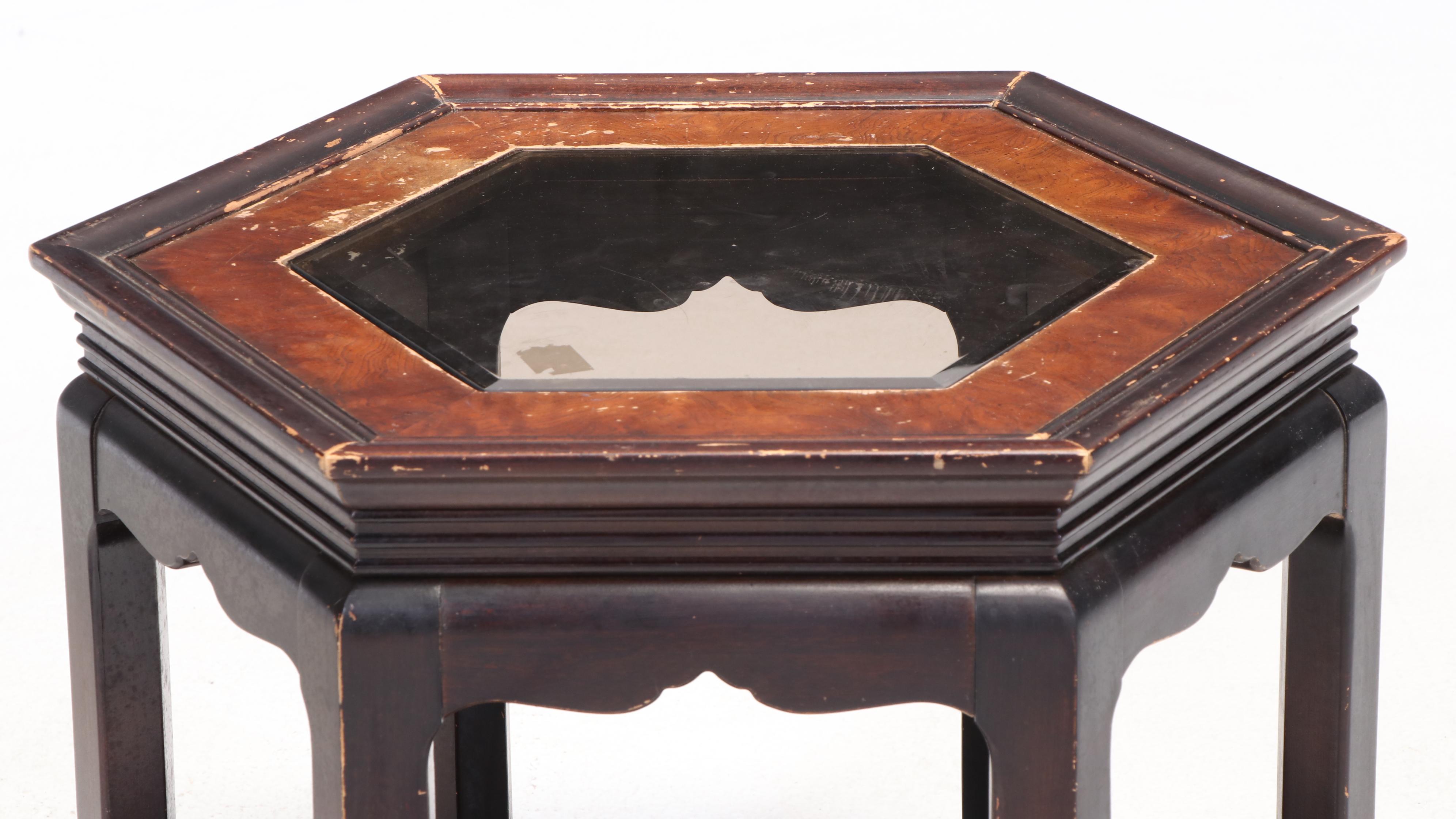Three Gordon's Inc Chinese Style Elm, Ebonized, & Smoked Glass Occasional Tables