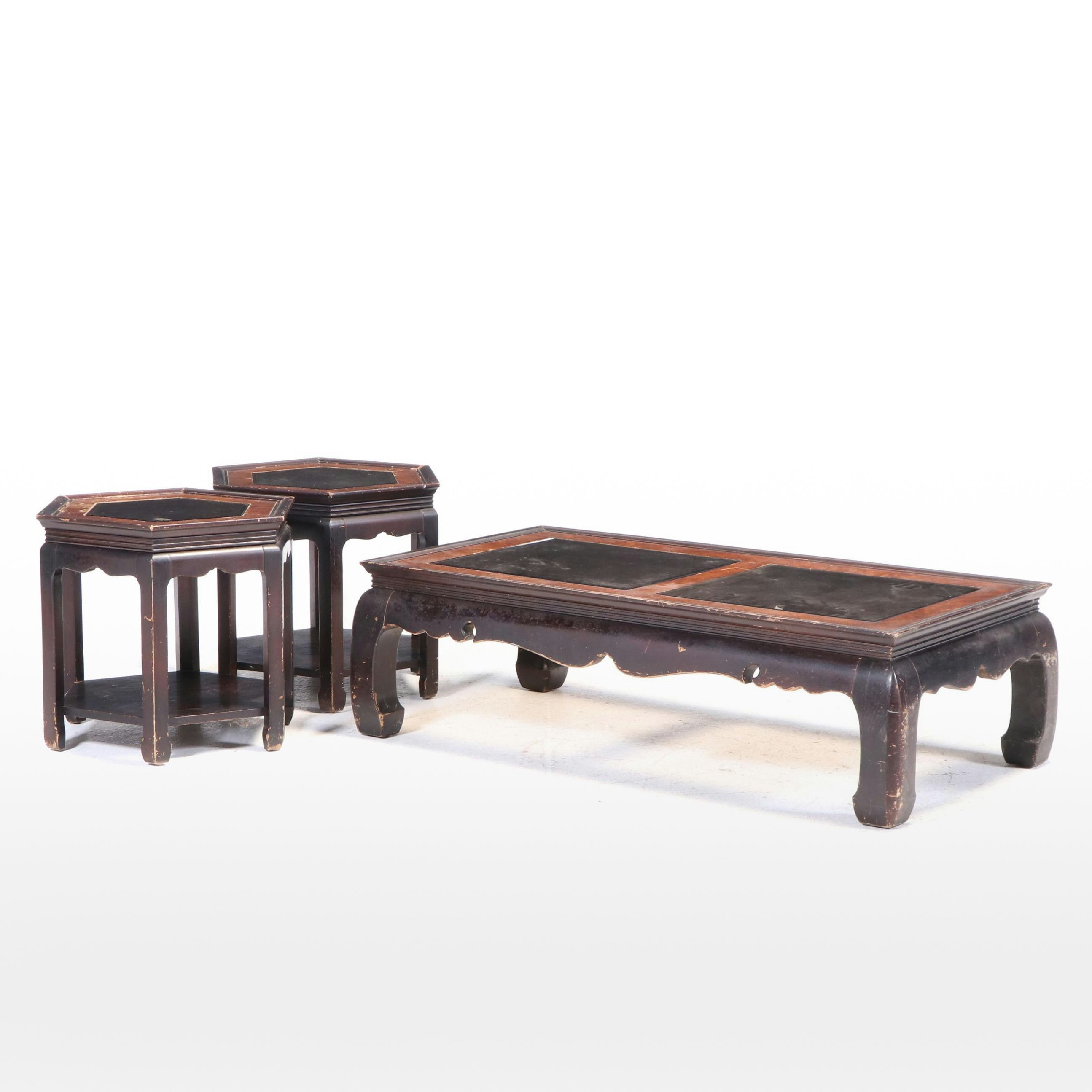 Three Gordon's Inc Chinese Style Elm, Ebonized, & Smoked Glass Occasional Tables