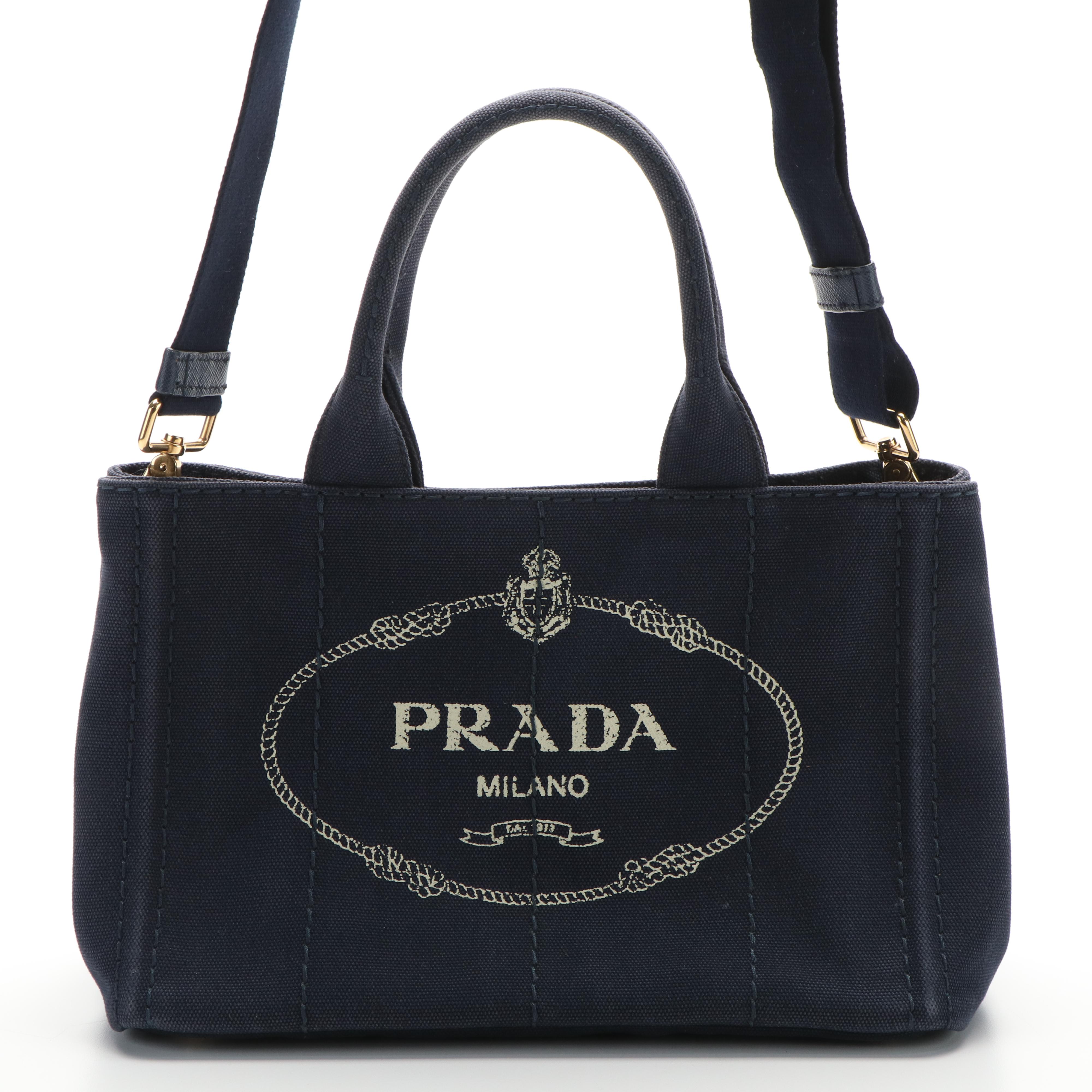 Prada Canapa Logo 2Way Shoulder Handbag in Navy Blue Canvas