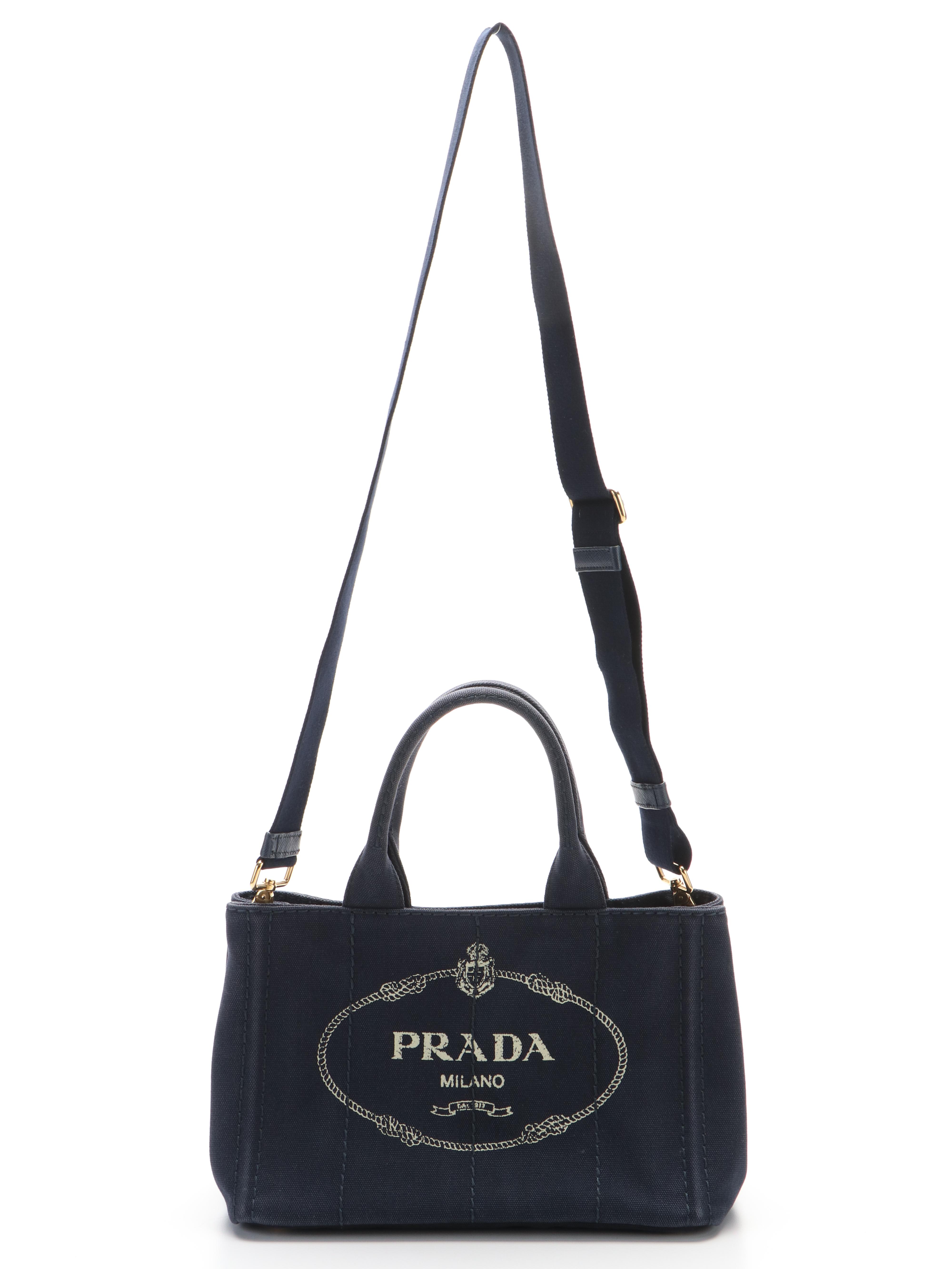 Prada Canapa Logo 2Way Shoulder Handbag in Navy Blue Canvas