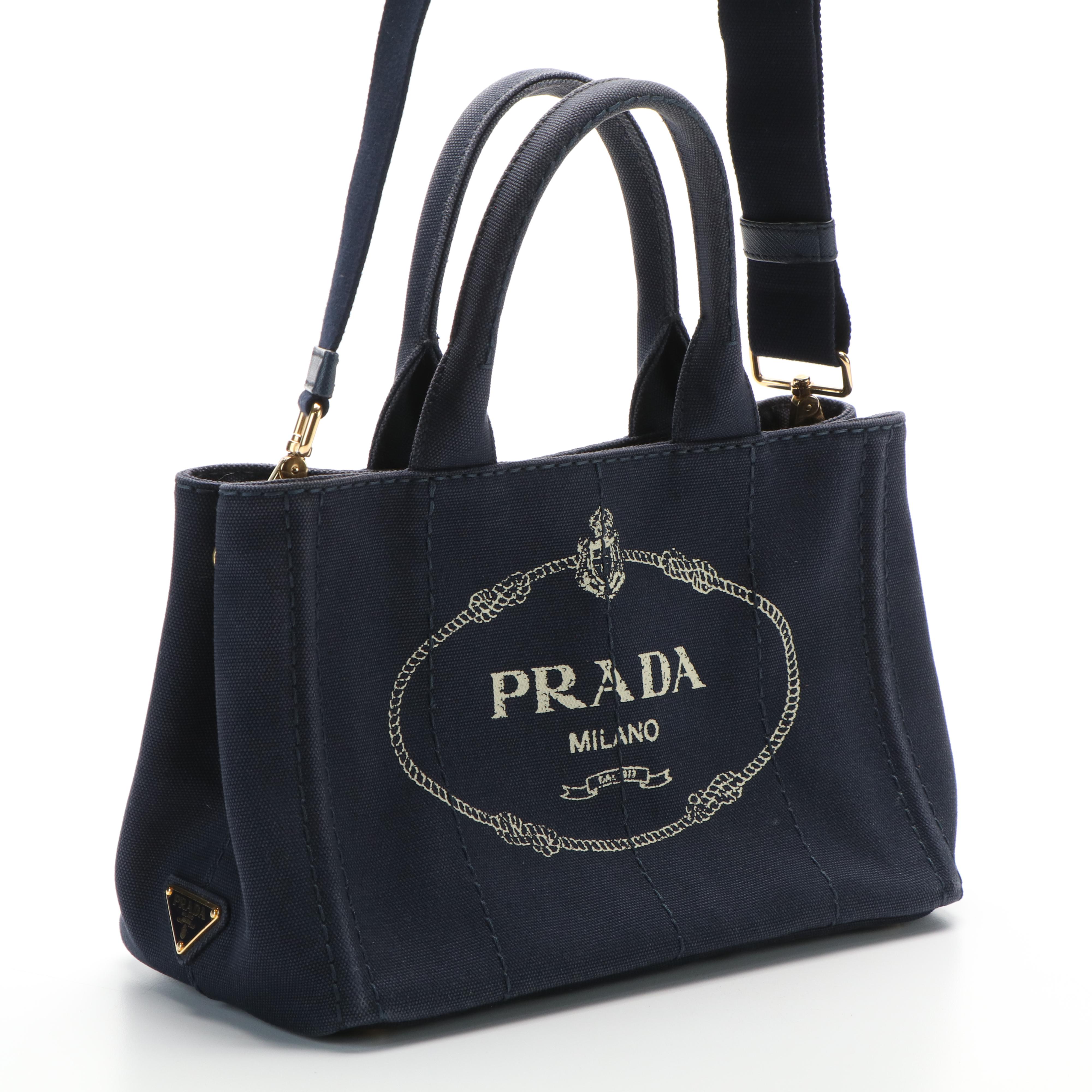 Prada Canapa Logo 2Way Shoulder Handbag in Navy Blue Canvas