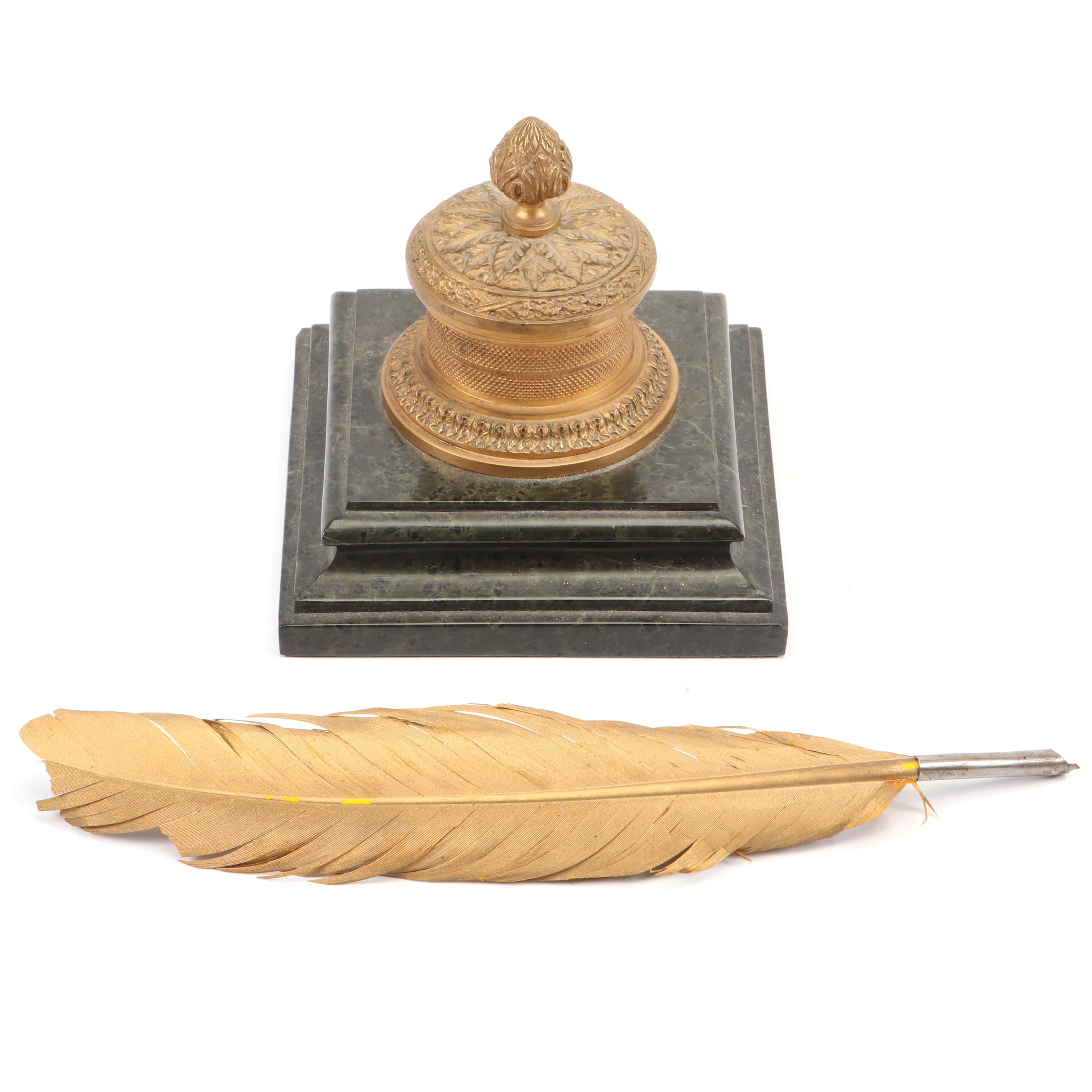 Brass and Stone Inkwell and Feather Quill
