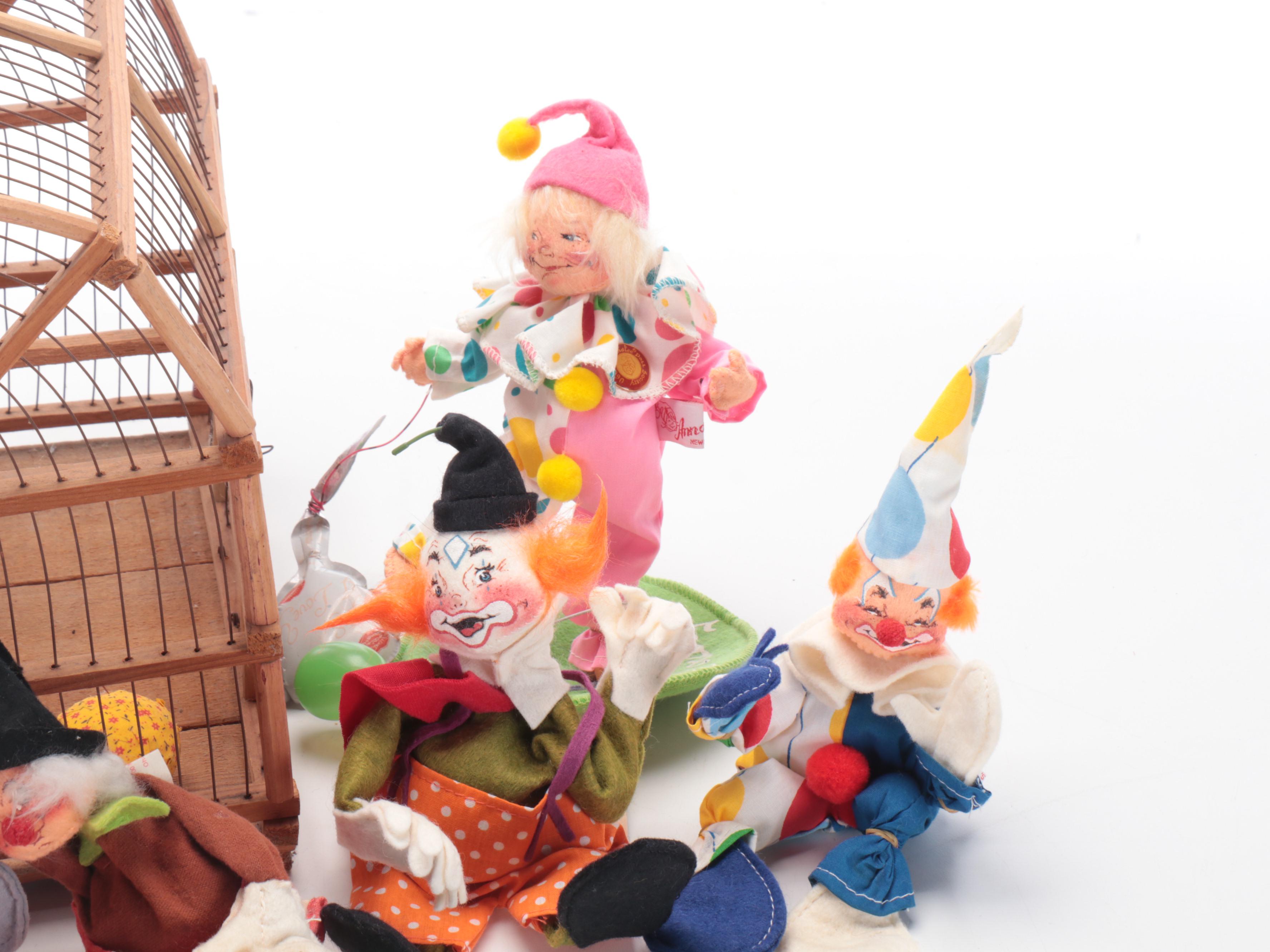 Annalee Fabric Clown Dolls and Bird Plush Toy in Cage