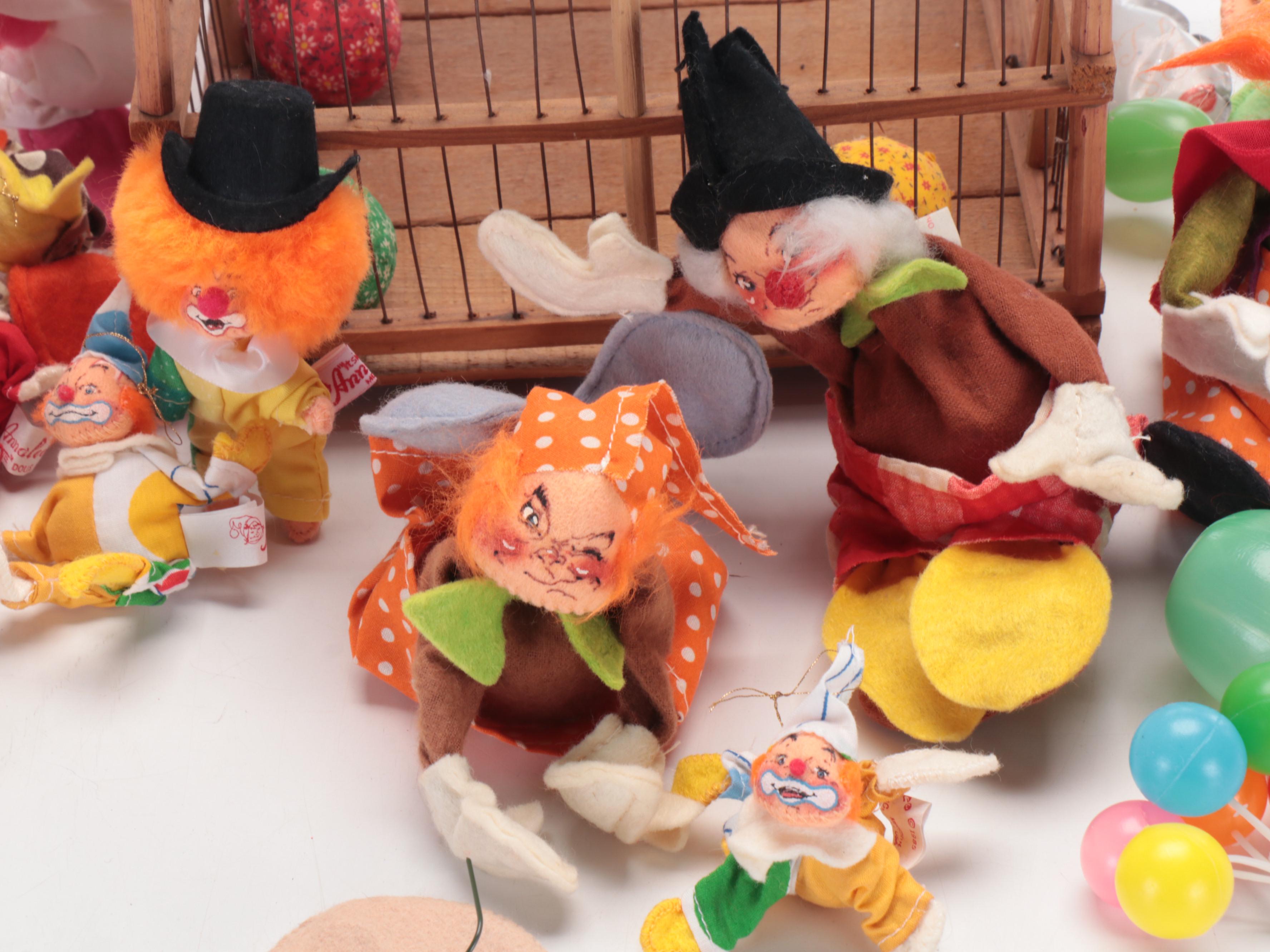 Annalee Fabric Clown Dolls and Bird Plush Toy in Cage