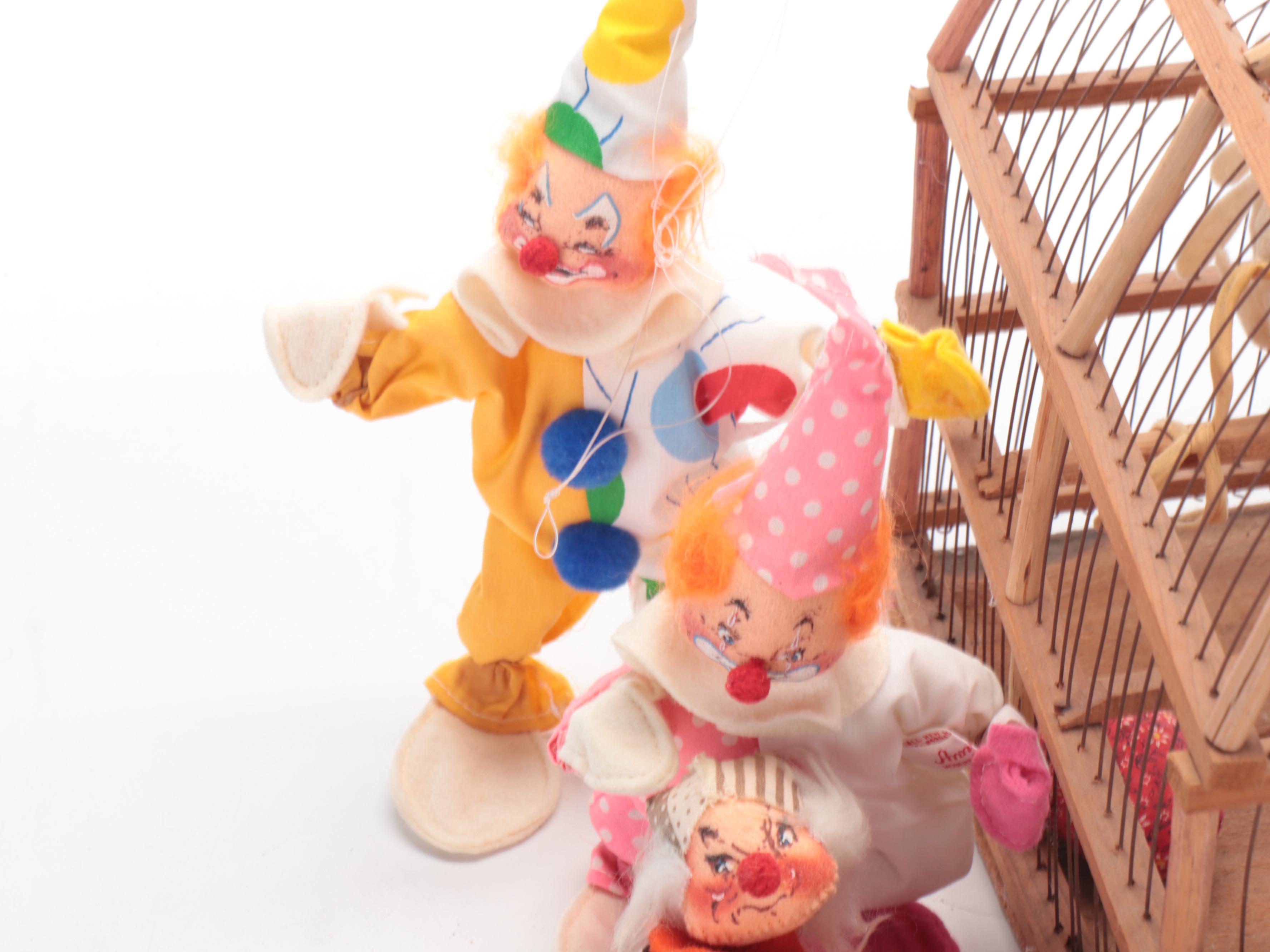 Annalee Fabric Clown Dolls and Bird Plush Toy in Cage