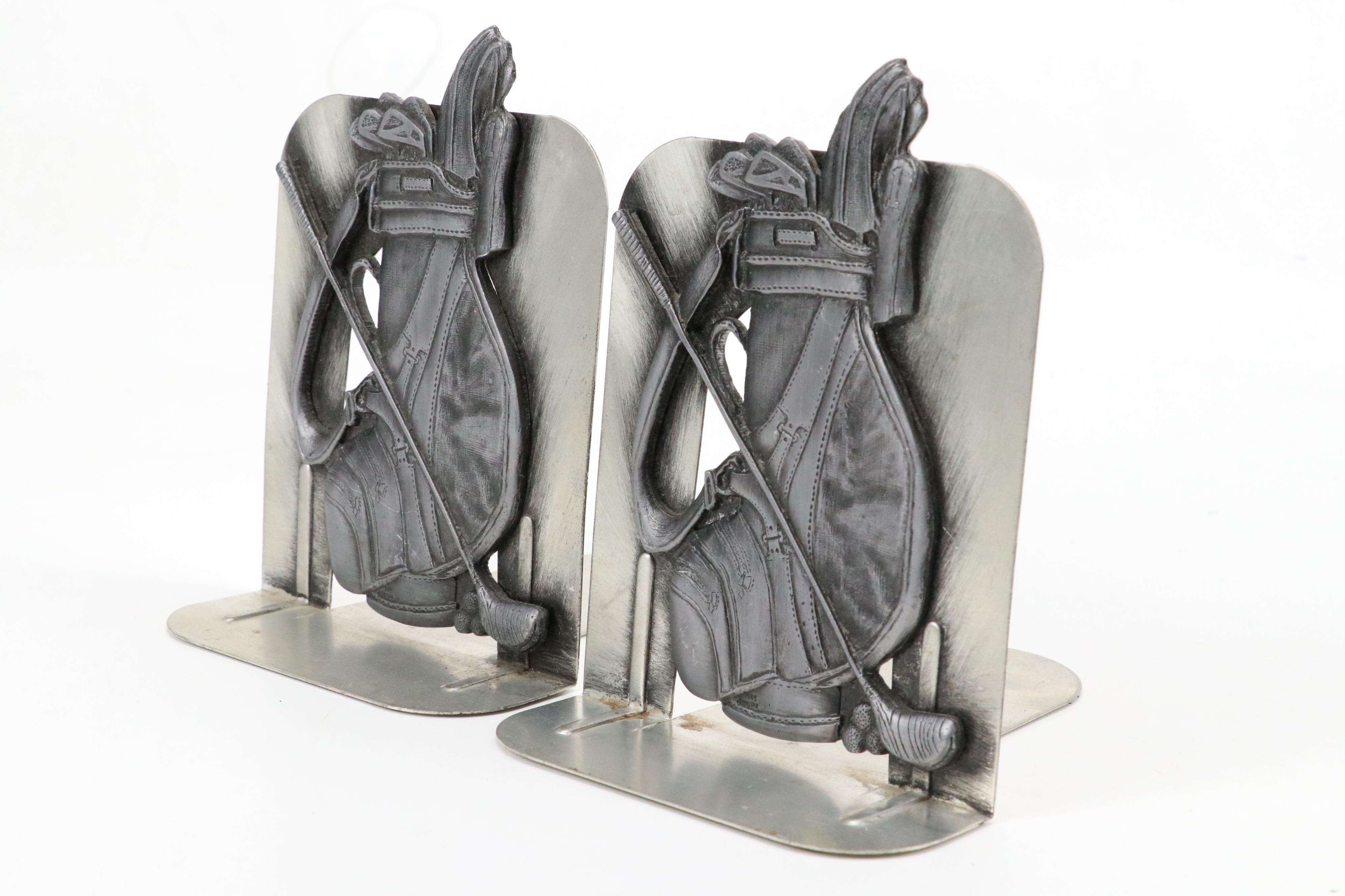 Cast Iron Sundial, Golfer Bookend and Pair of Golf Bag Bookends