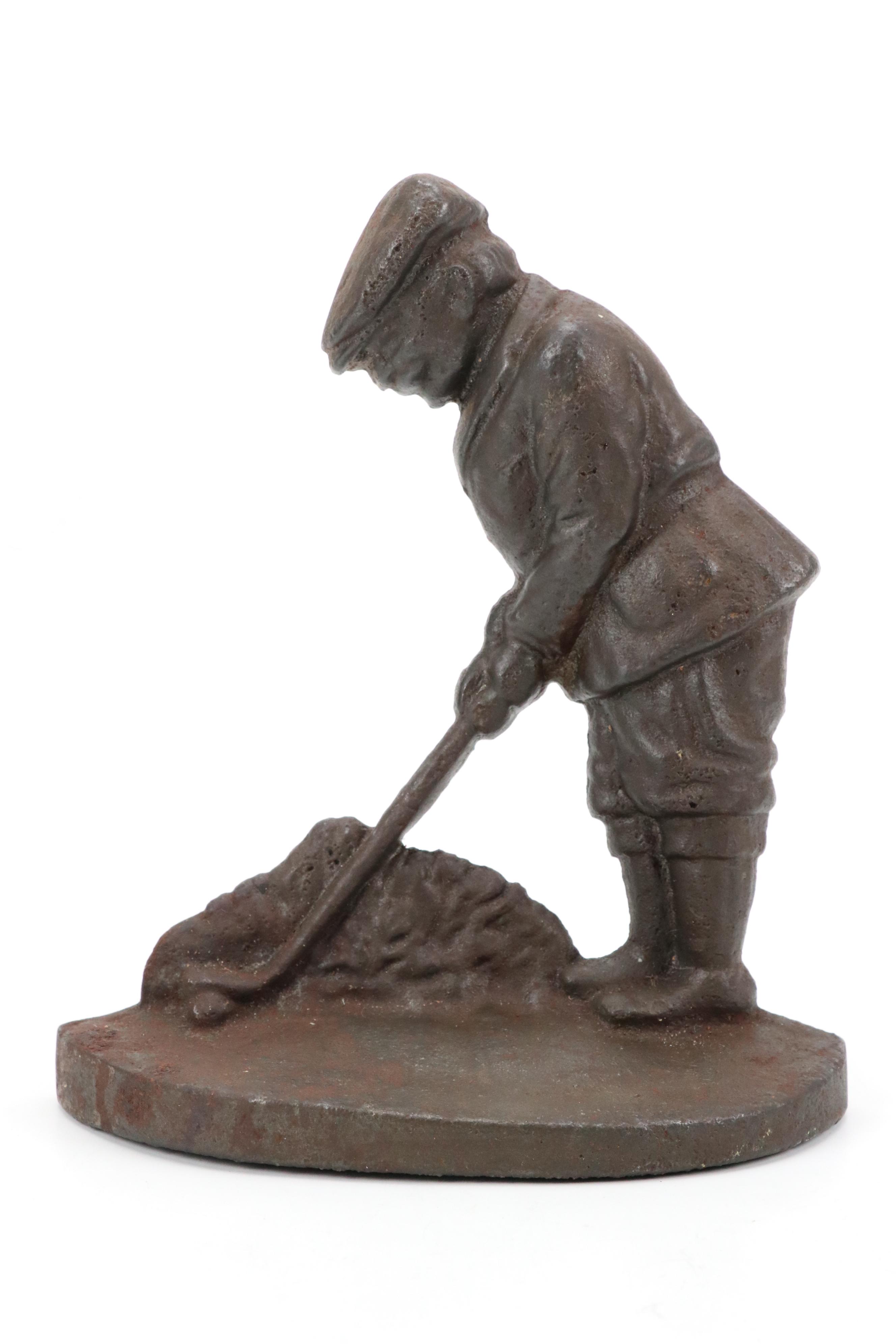 Cast Iron Sundial, Golfer Bookend and Pair of Golf Bag Bookends