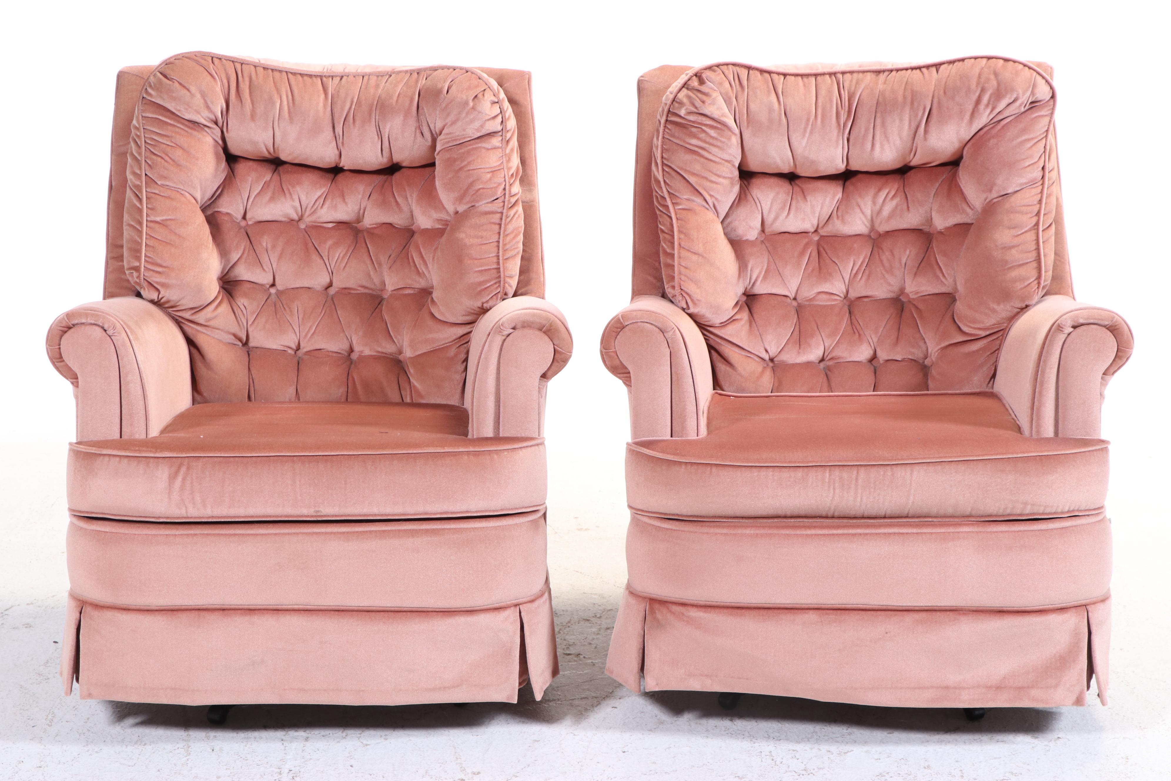 Pair of Les Brown Chair Co. Buttoned-Down Dusty Rose Swivel-Rockers and Ottomans