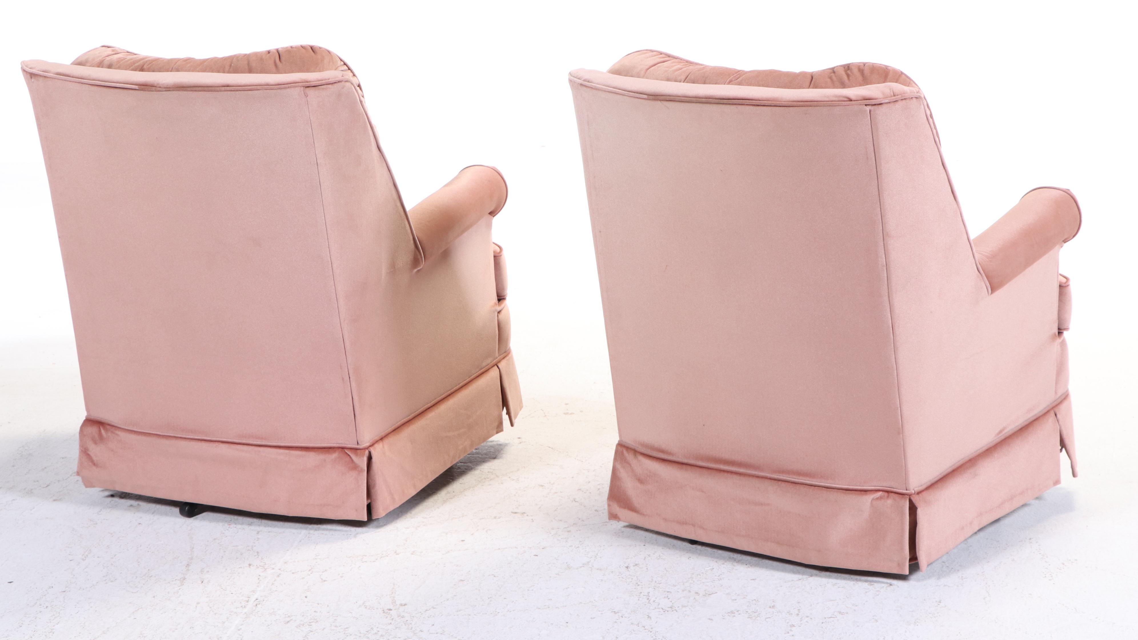 Pair of Les Brown Chair Co. Buttoned-Down Dusty Rose Swivel-Rockers and Ottomans