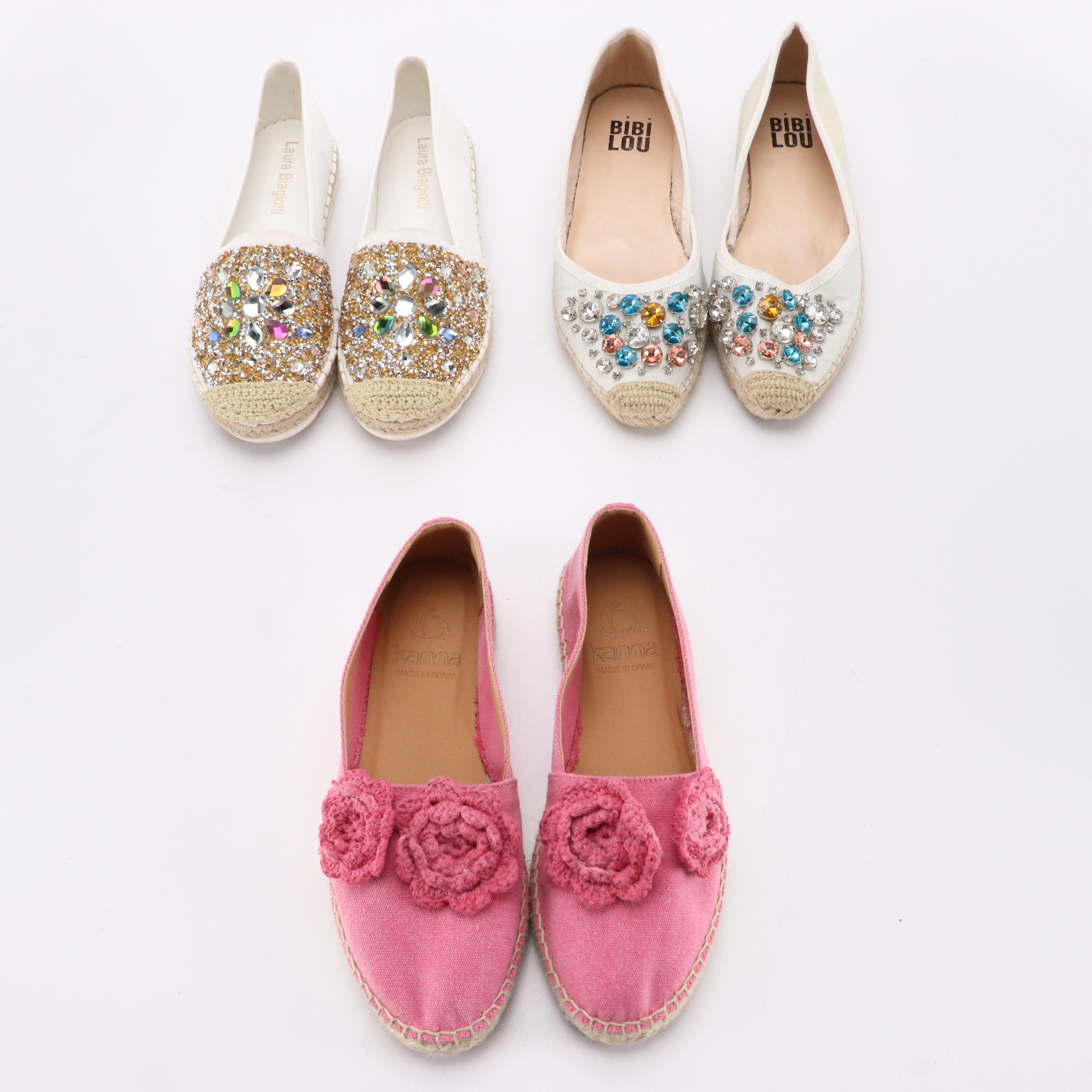 Kanna Pink Canvas, Laura Biagiotti and Bibi Lou Embellished Espadrilles Flats