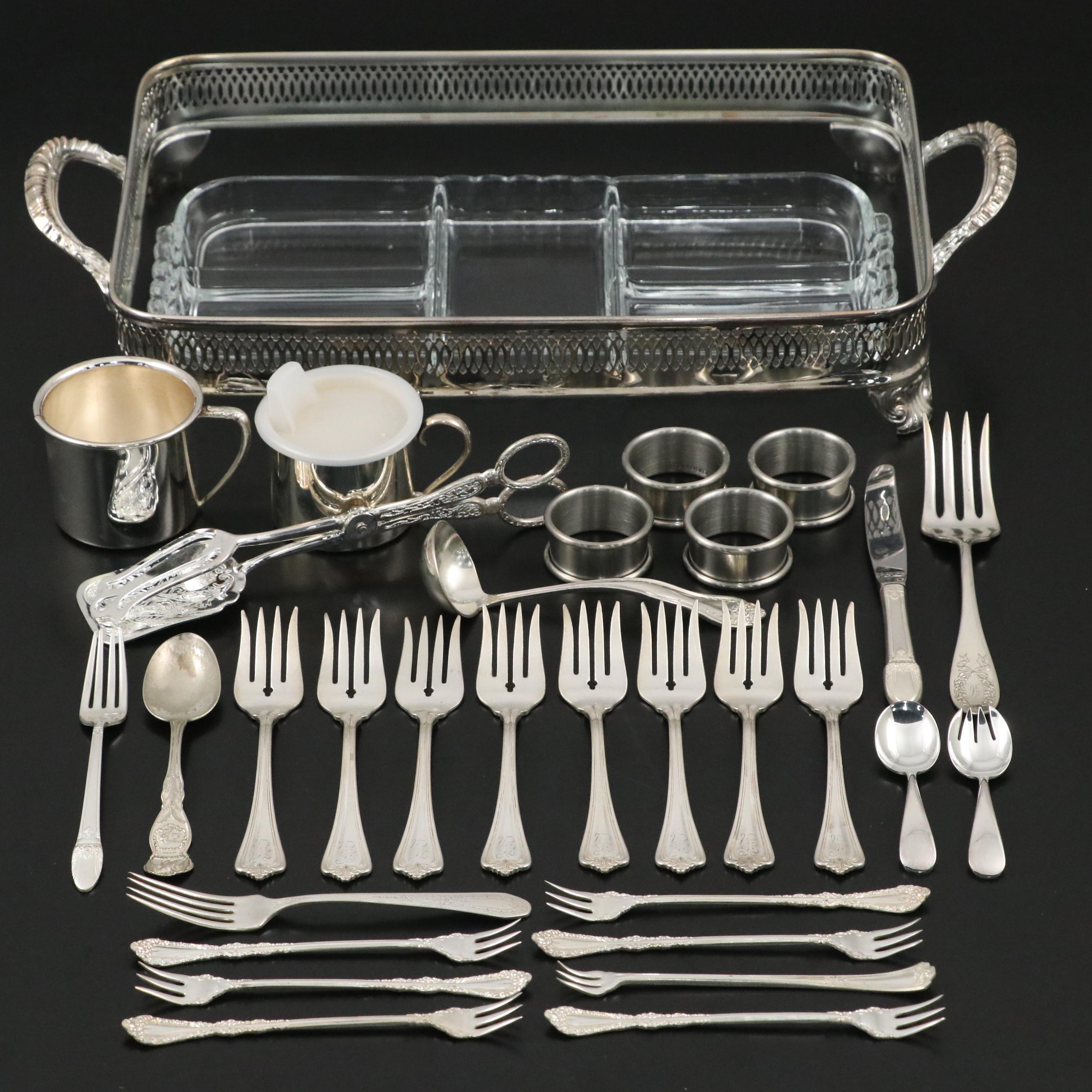 Silver Plate Flatware with Oneida Cups, Segmented Glass Tray and More