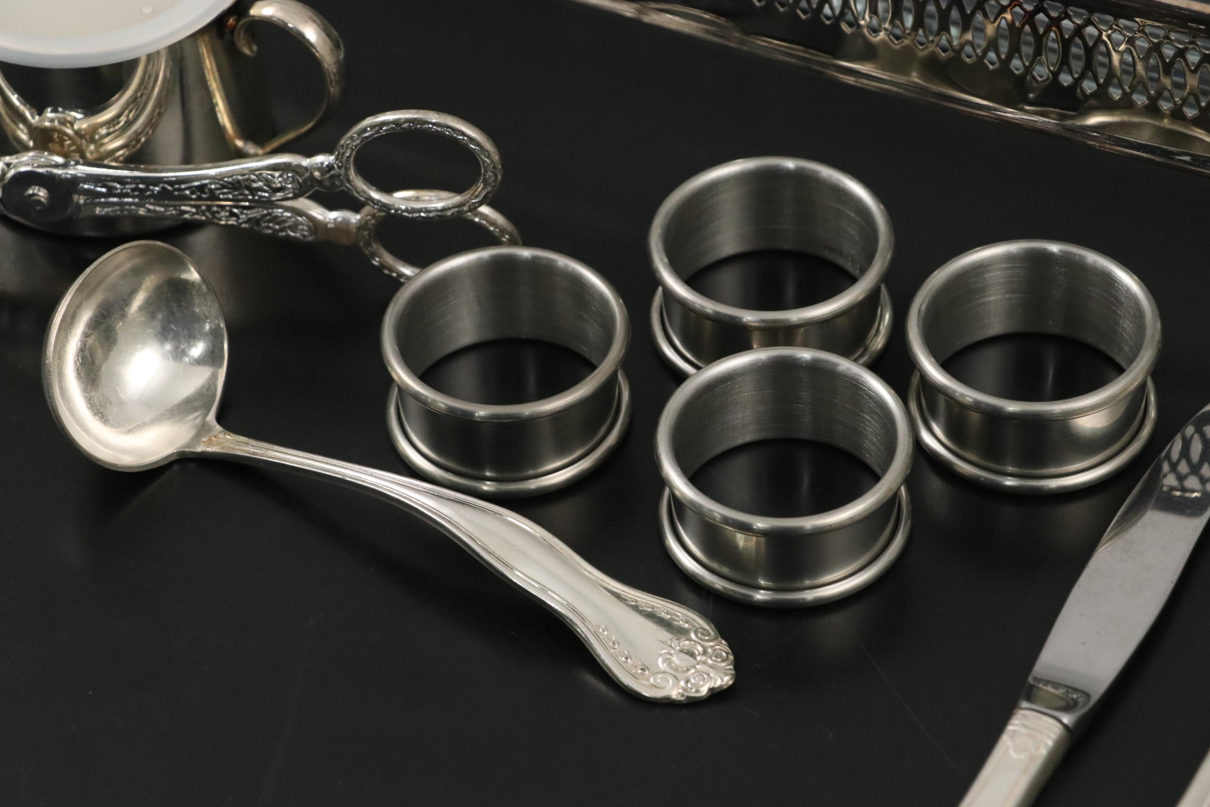 Silver Plate Flatware with Oneida Cups, Segmented Glass Tray and More