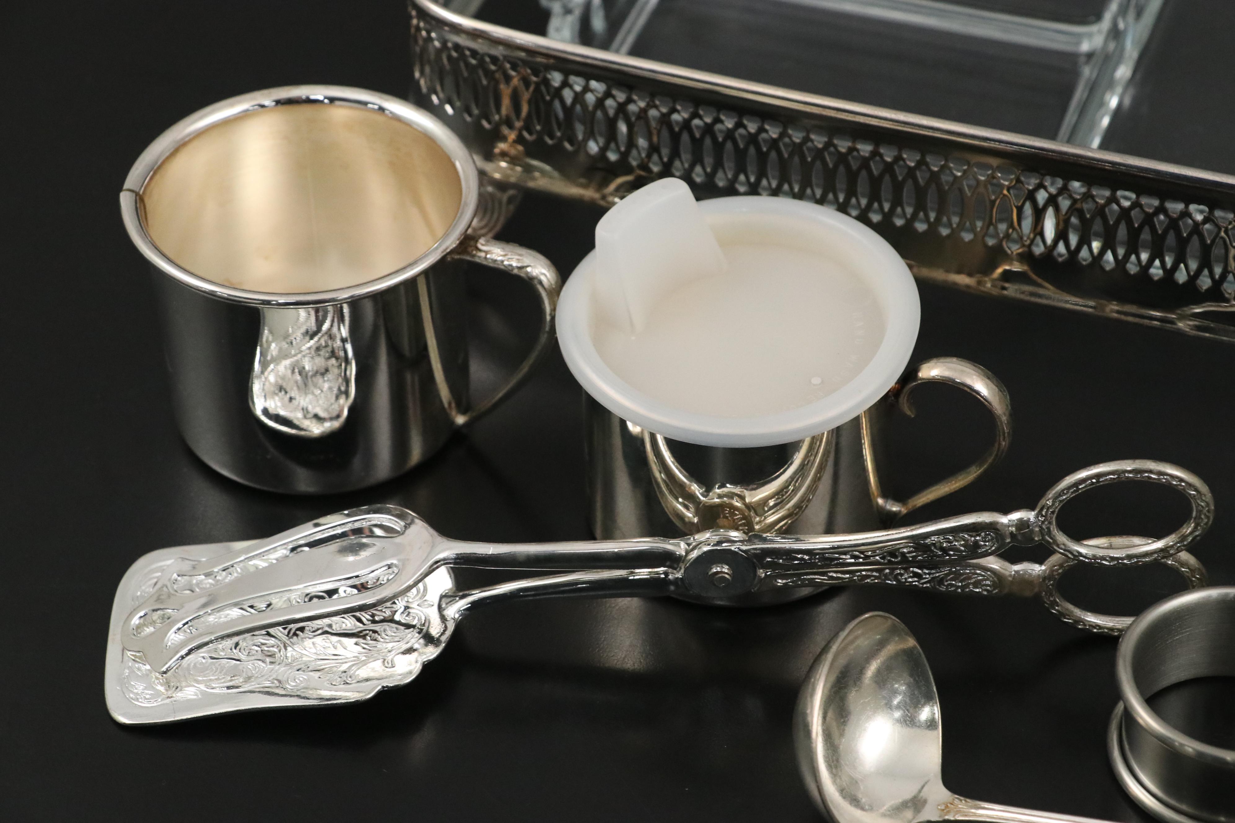 Silver Plate Flatware with Oneida Cups, Segmented Glass Tray and More