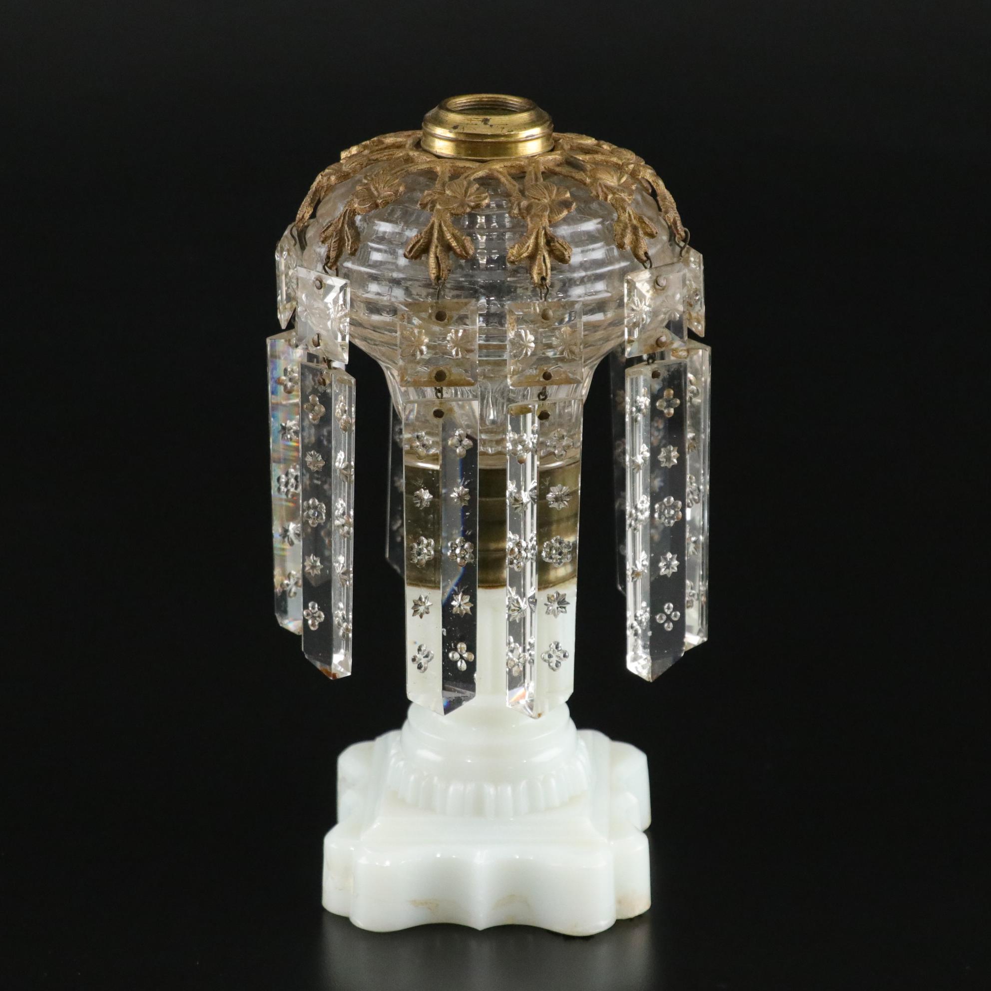 Crystal and Brass Oil Lamp Mantle  Luster with Milk Glass Base