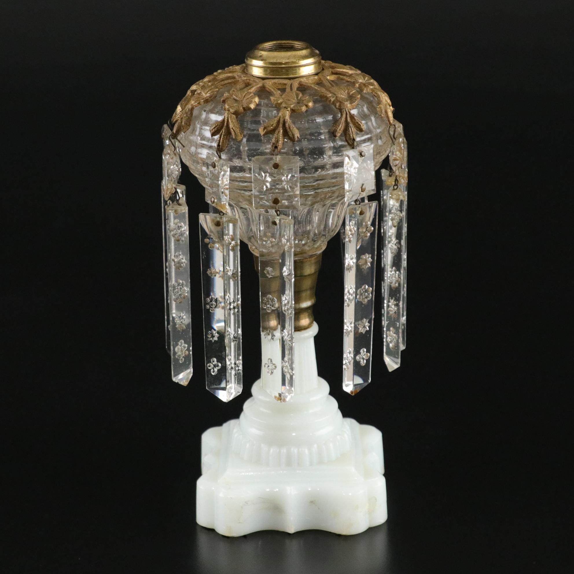 Crystal and Brass Oil Lamp Mantle  Luster with Milk Glass Base
