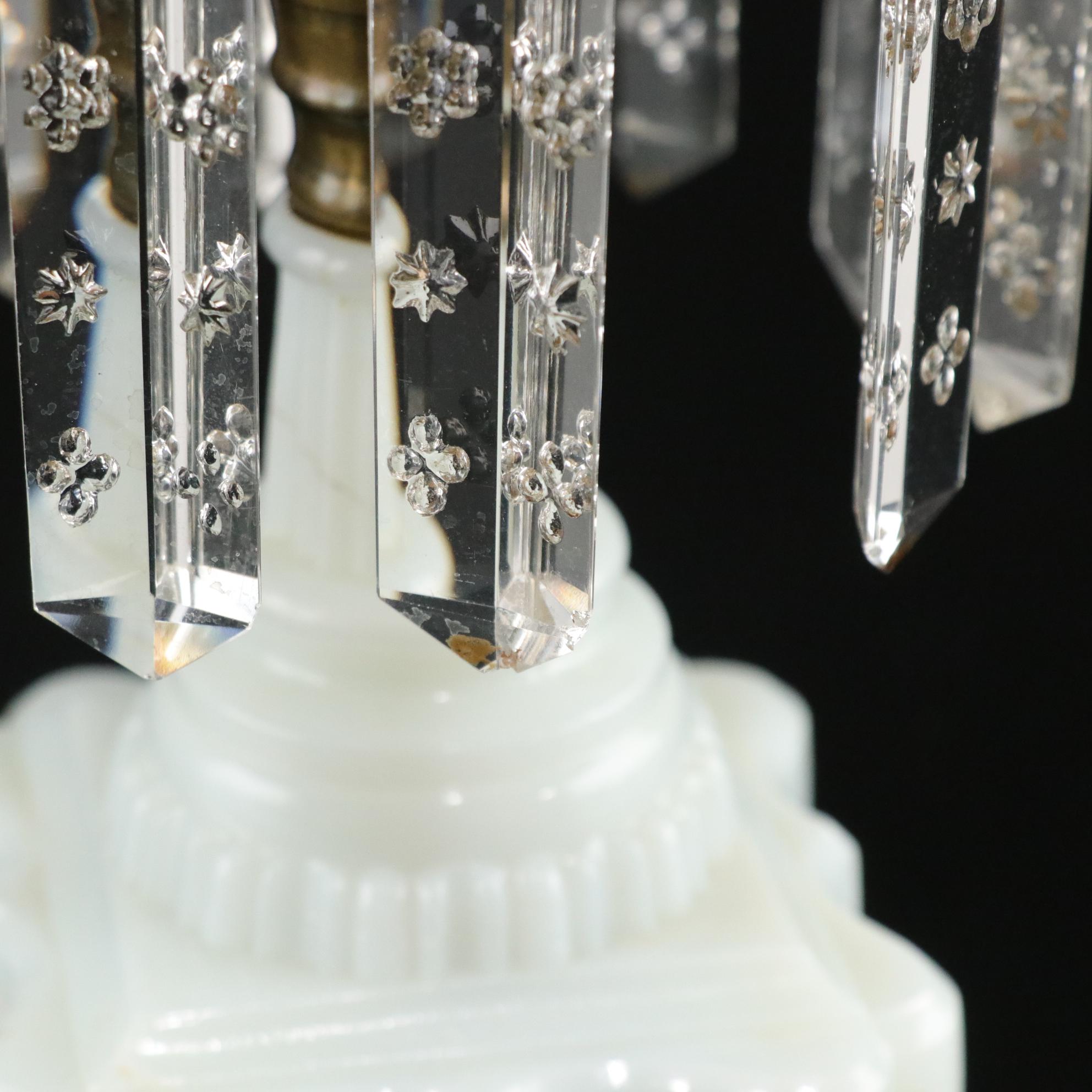 Crystal and Brass Oil Lamp Mantle  Luster with Milk Glass Base