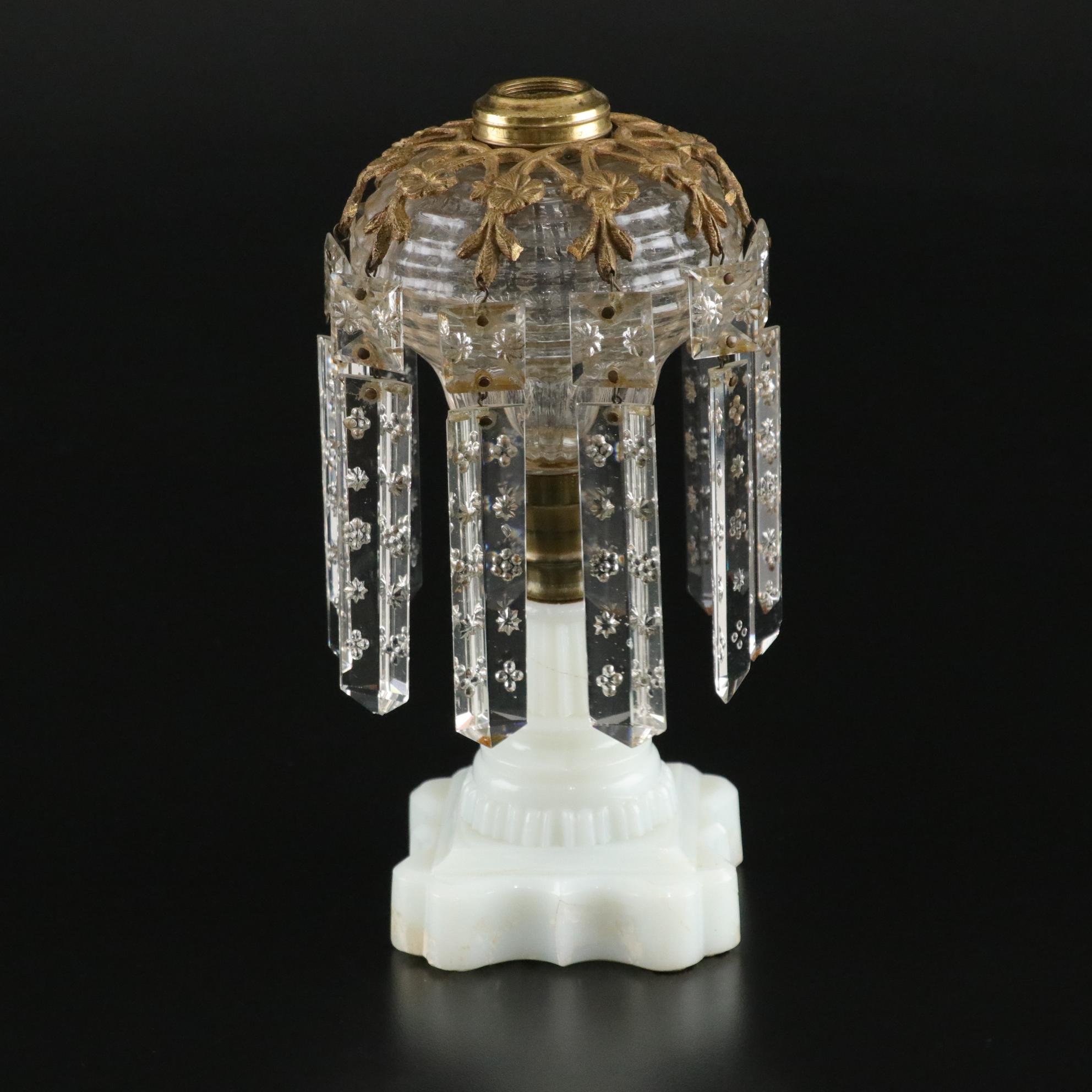 Crystal and Brass Oil Lamp Mantle  Luster with Milk Glass Base