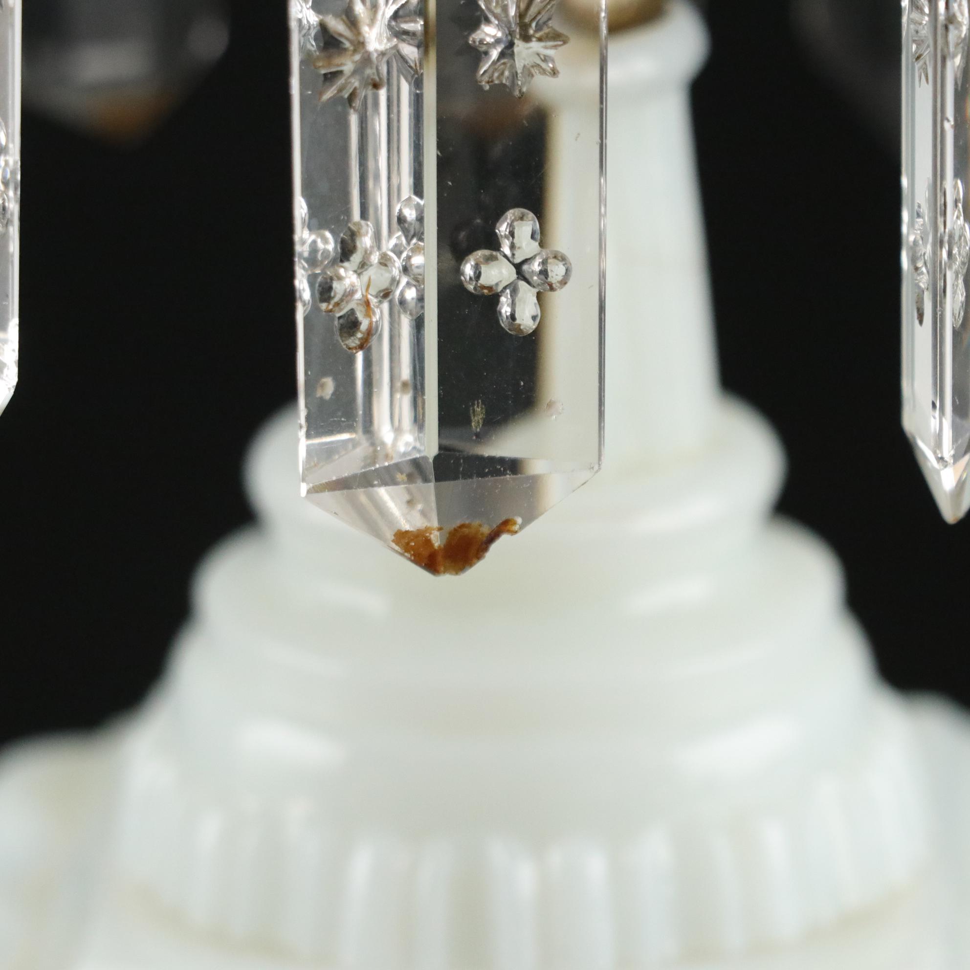 Crystal and Brass Oil Lamp Mantle  Luster with Milk Glass Base