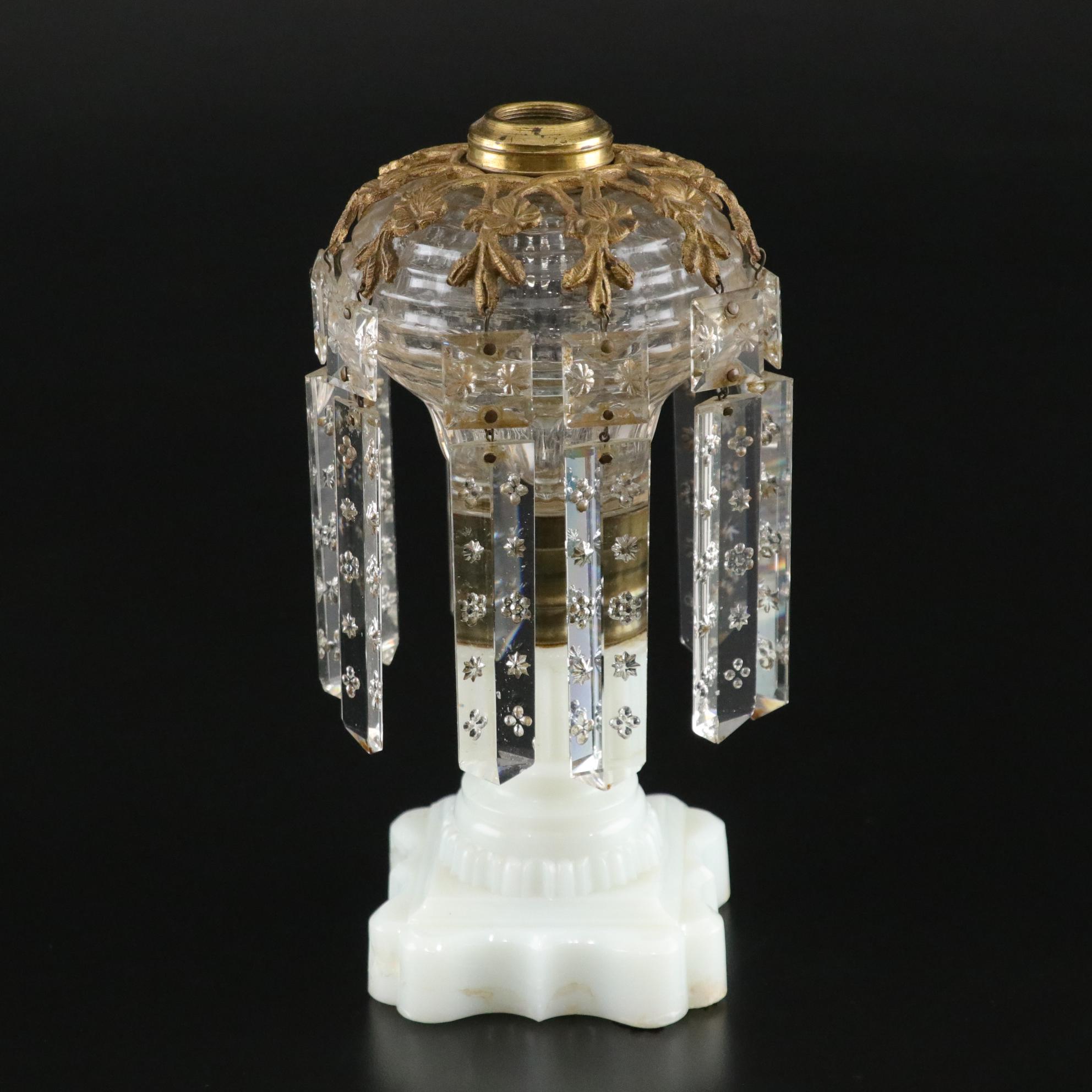 Crystal and Brass Oil Lamp Mantle  Luster with Milk Glass Base