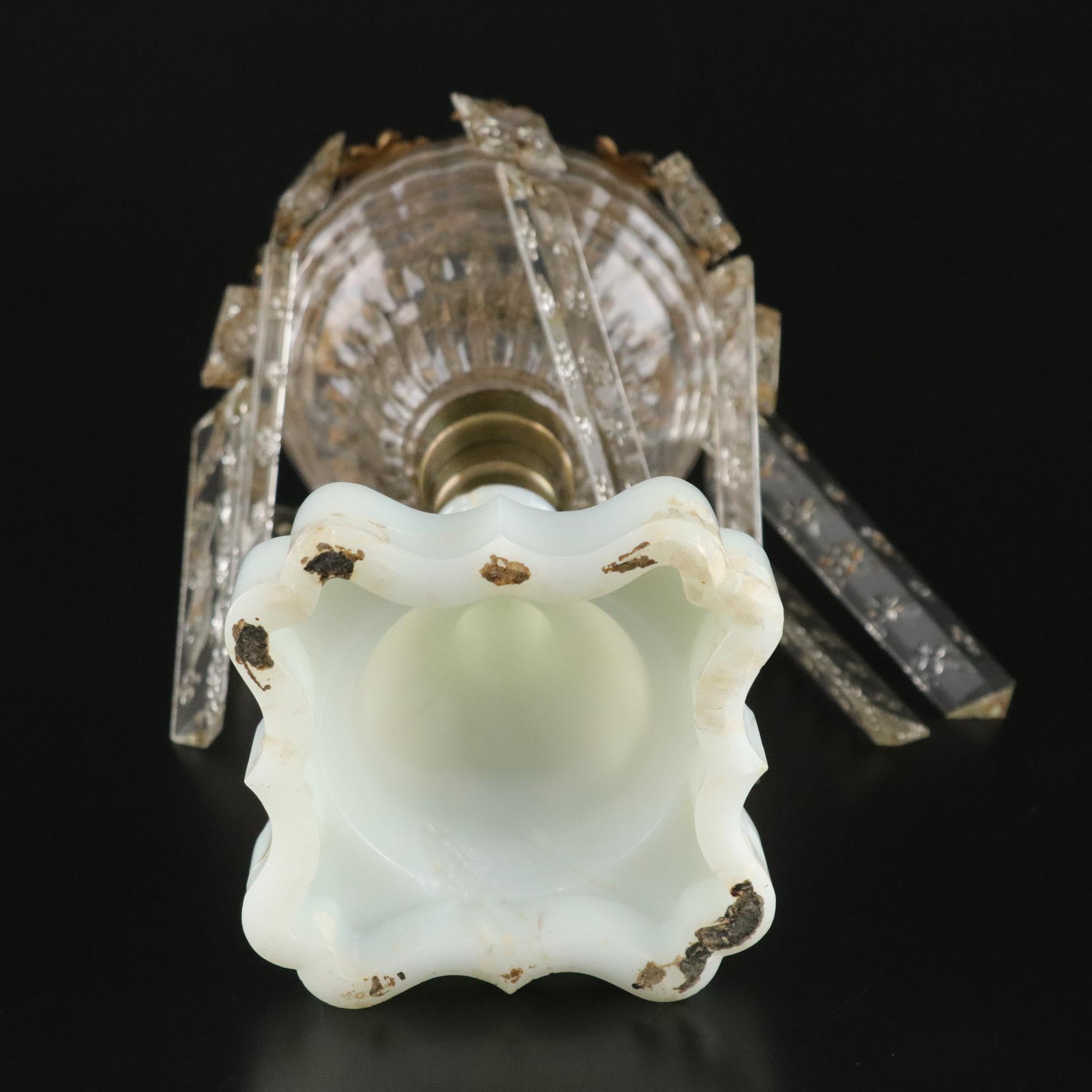 Crystal and Brass Oil Lamp Mantle  Luster with Milk Glass Base