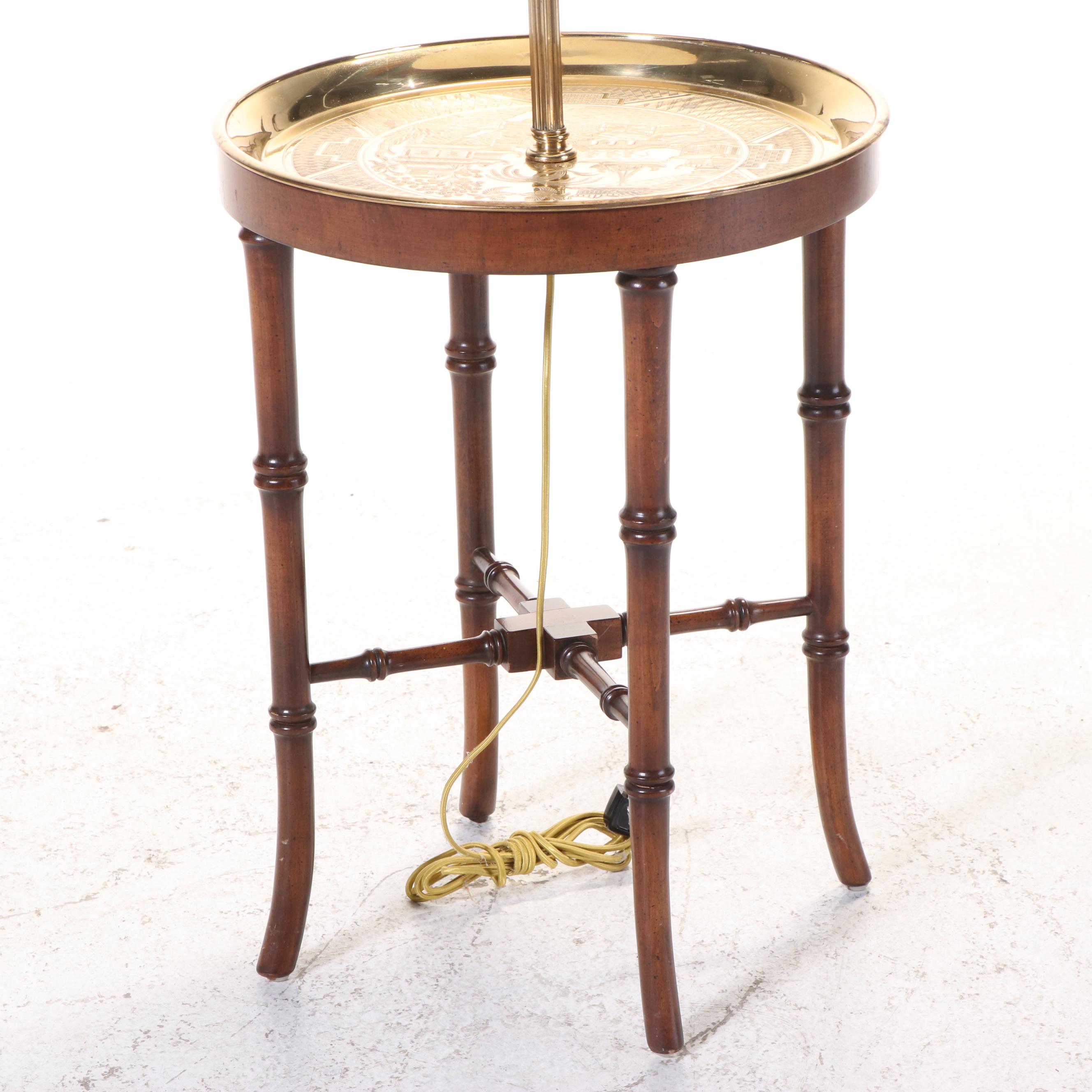Frederick Cooper Wooden Faux Bamboo and Brass Tray Floor Table Lamp