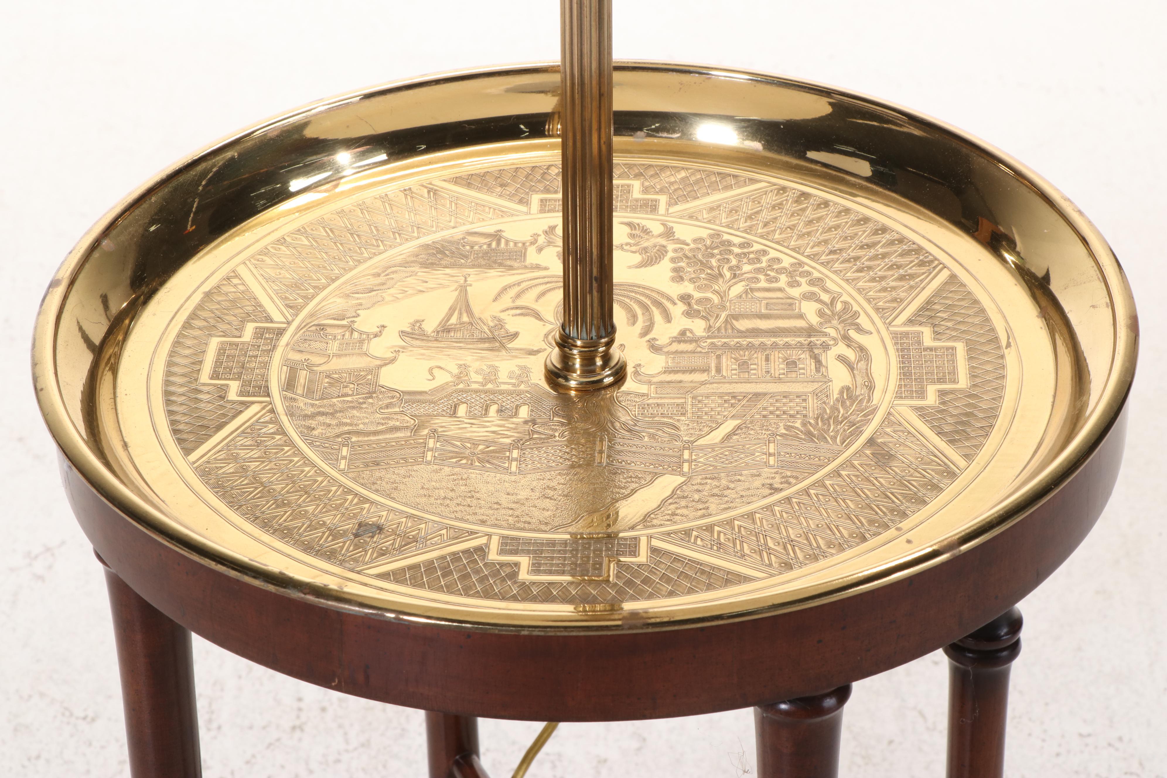 Frederick Cooper Wooden Faux Bamboo and Brass Tray Floor Table Lamp