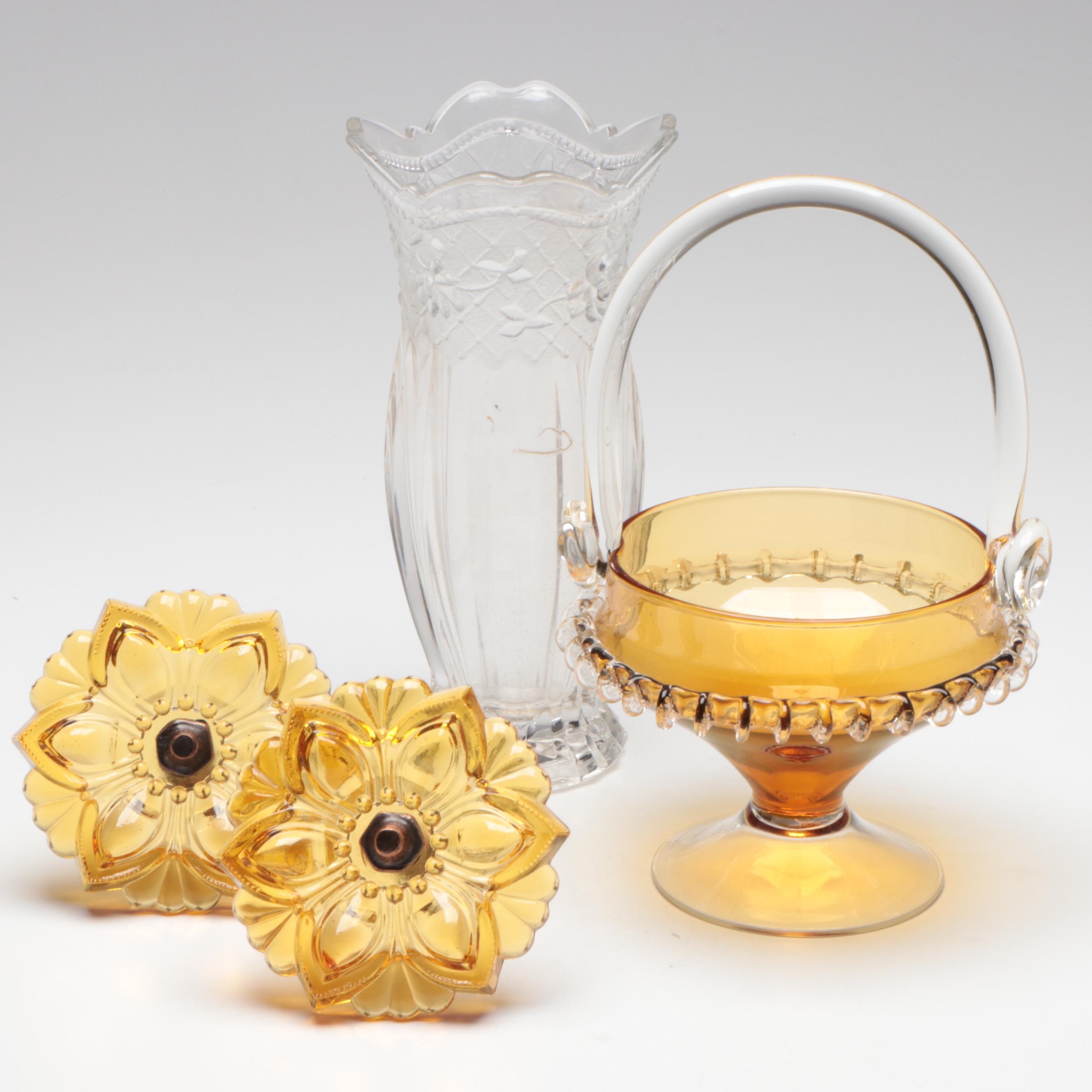 Victorian Pressed Glass Curtain Ties with Murano Style Basket and Other Vase