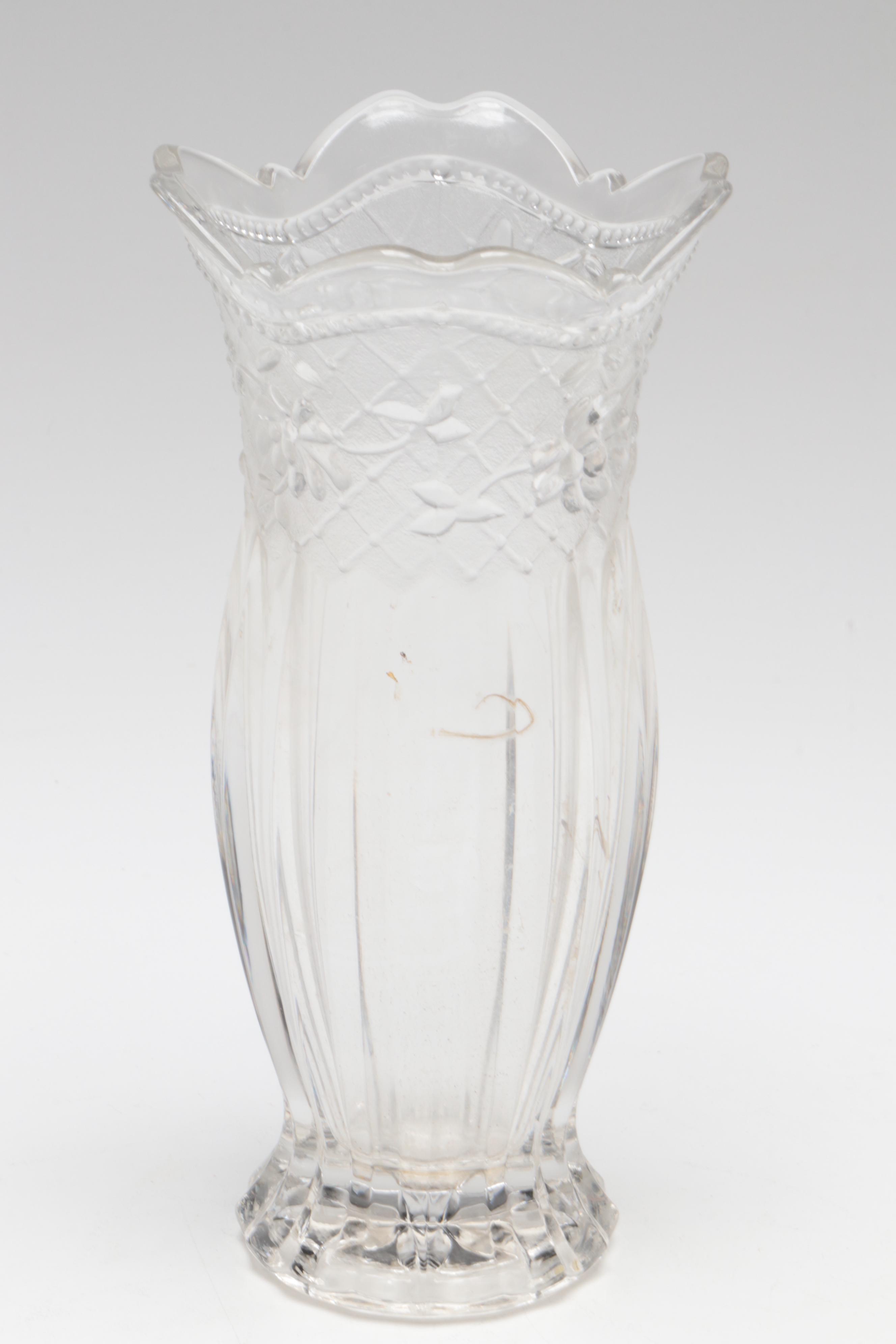 Victorian Pressed Glass Curtain Ties with Murano Style Basket and Other Vase