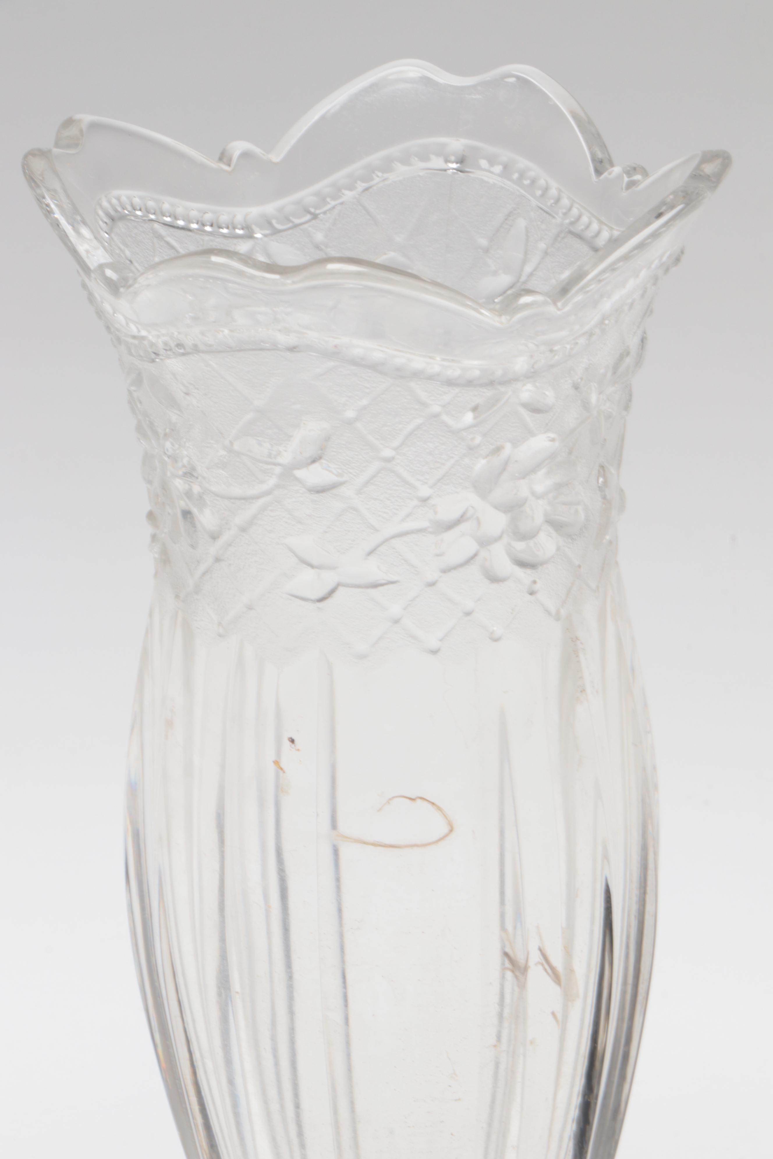 Victorian Pressed Glass Curtain Ties with Murano Style Basket and Other Vase