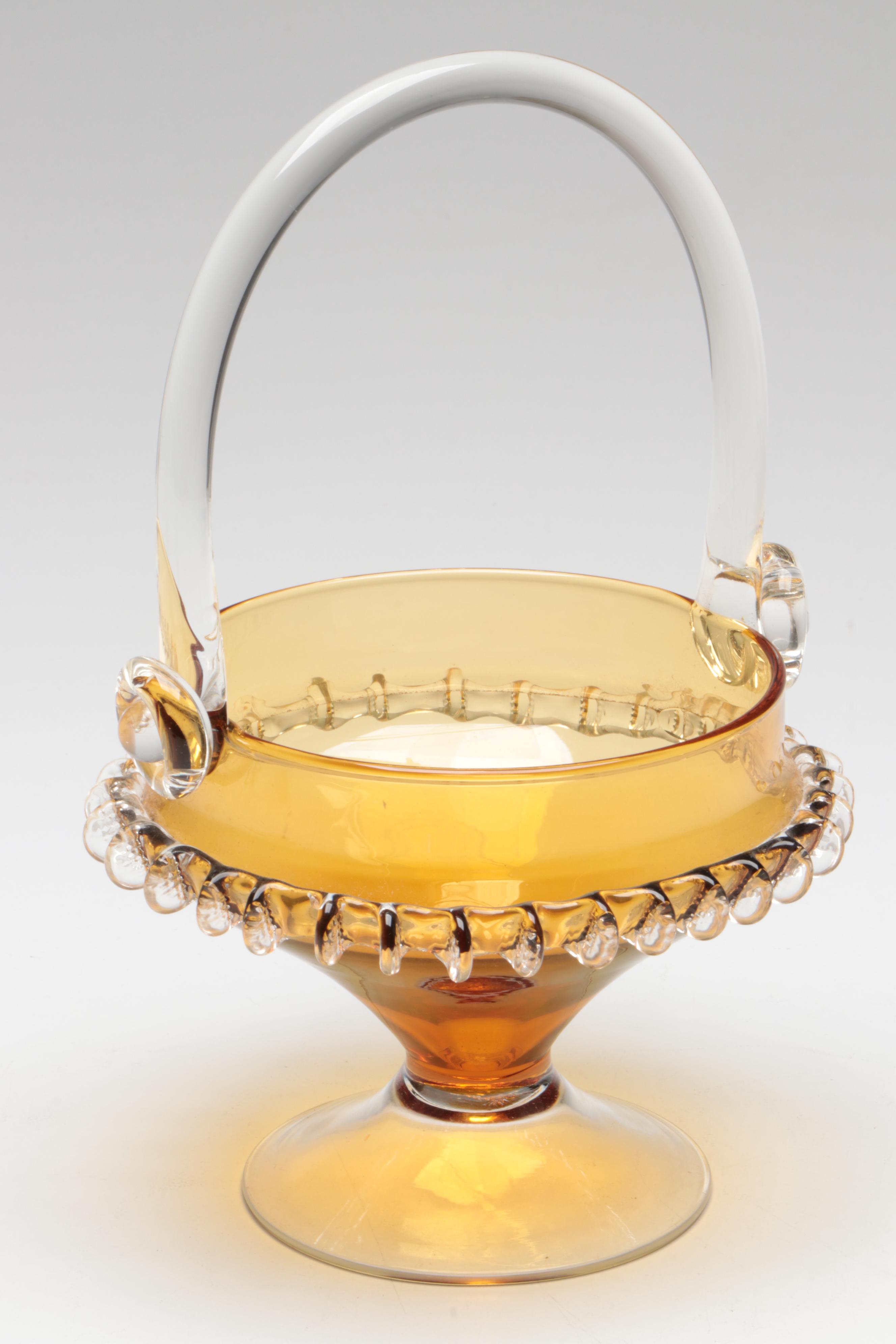 Victorian Pressed Glass Curtain Ties with Murano Style Basket and Other Vase