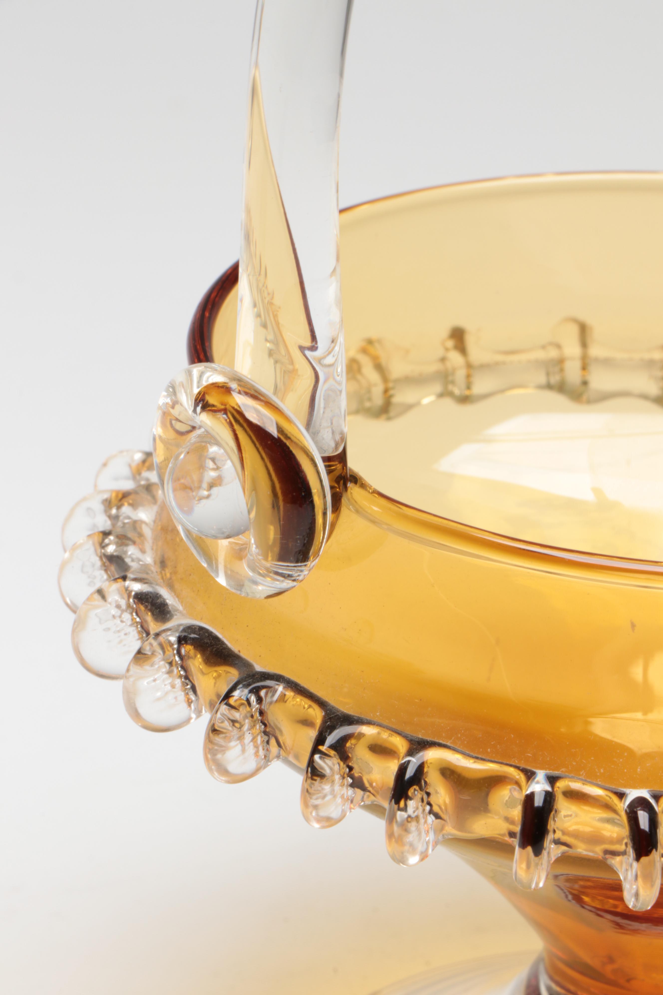 Victorian Pressed Glass Curtain Ties with Murano Style Basket and Other Vase