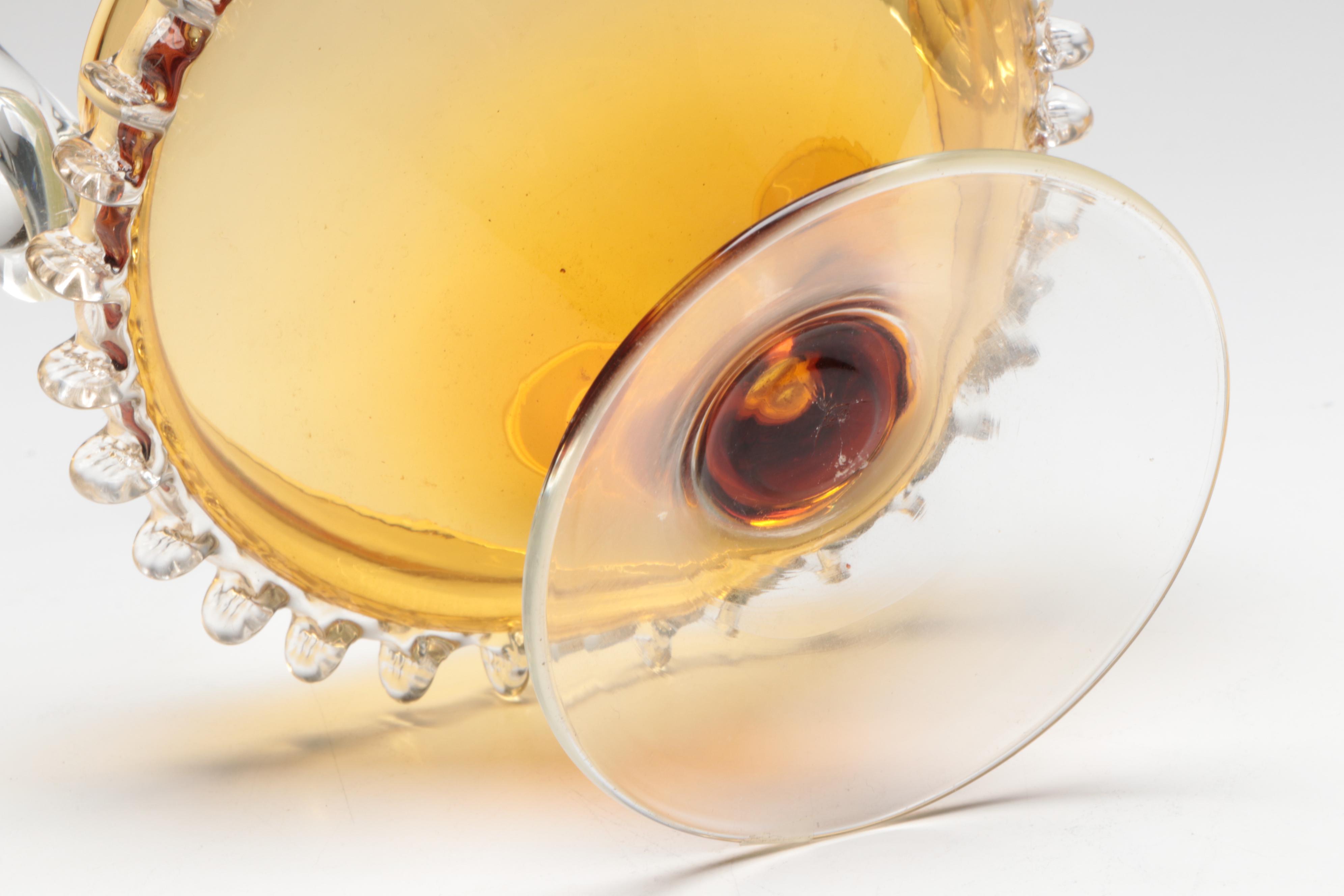 Victorian Pressed Glass Curtain Ties with Murano Style Basket and Other Vase