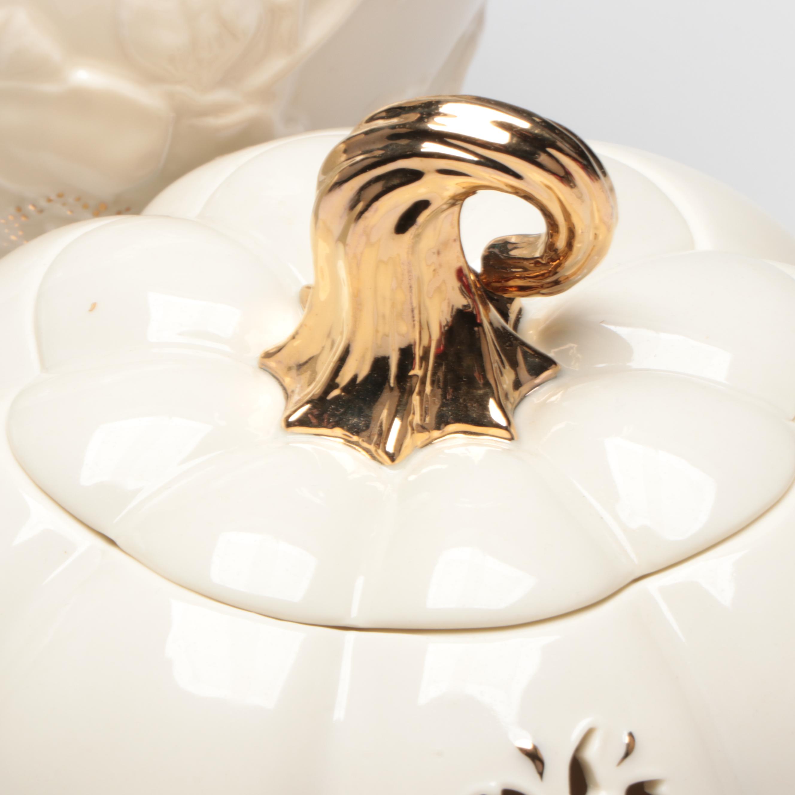 Lenox Fine China Vases with Gilt-Decorated Pumpkin Votive and Red Glass Bowl