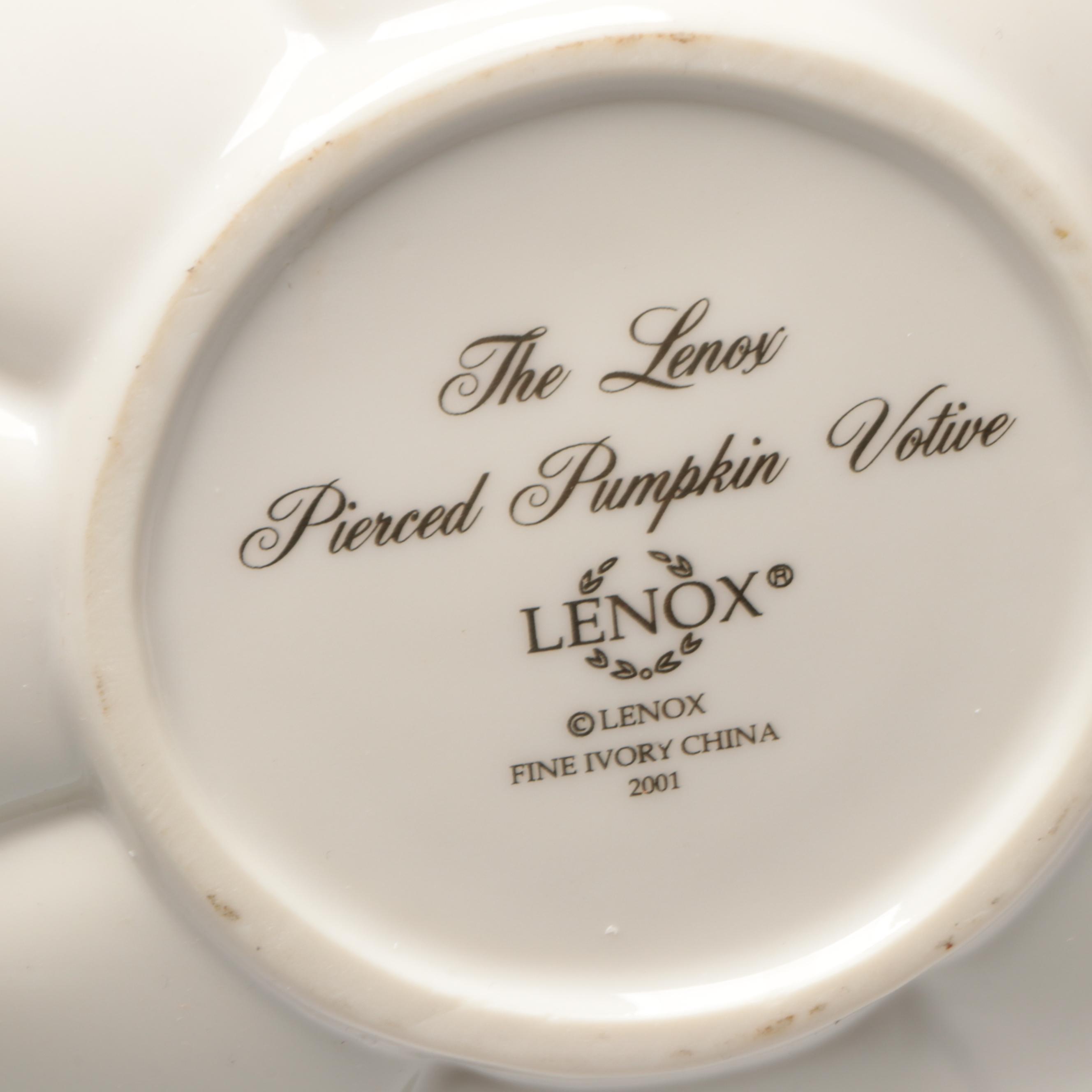 Lenox Fine China Vases with Gilt-Decorated Pumpkin Votive and Red Glass Bowl