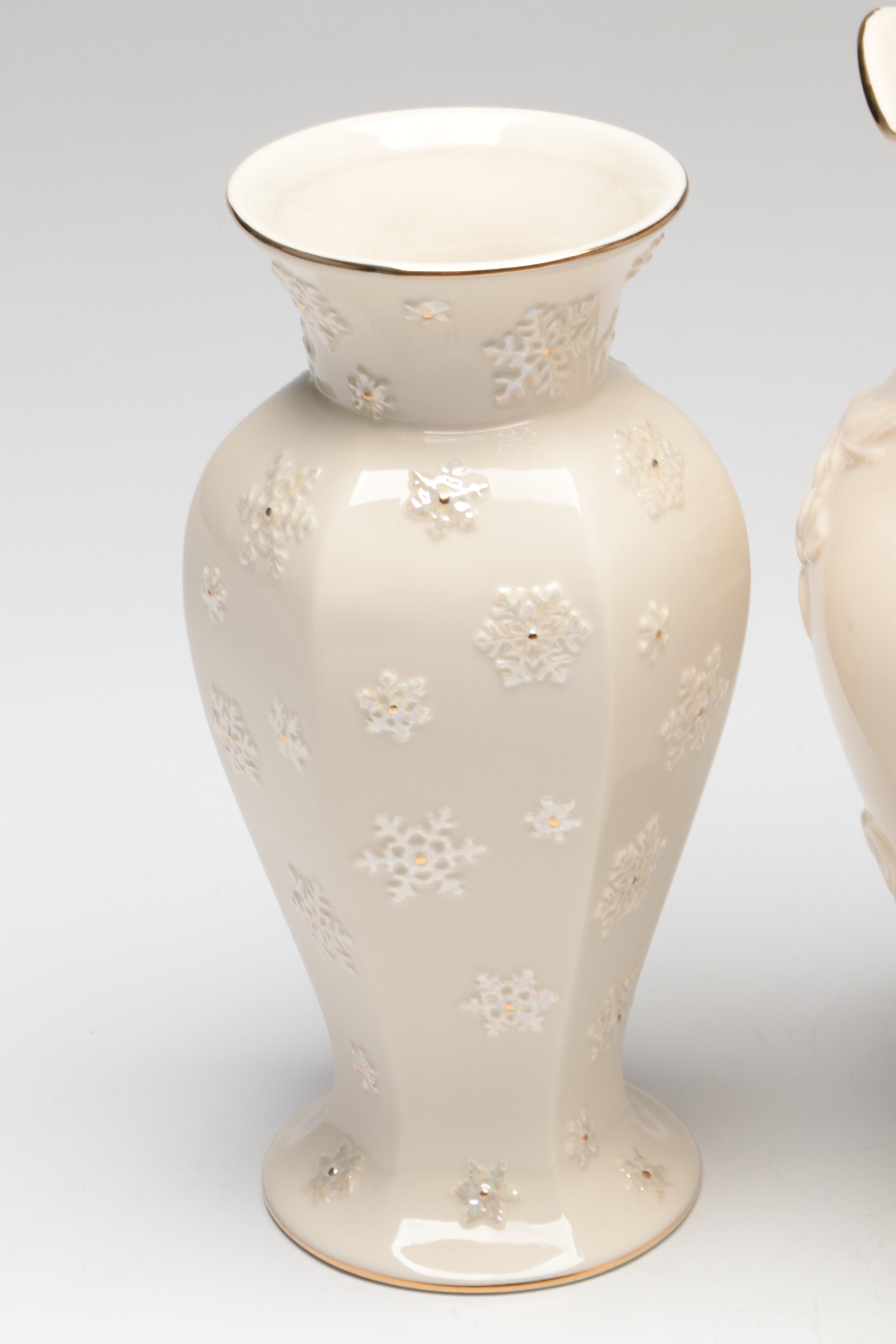 Lenox Fine China Vases with Gilt-Decorated Pumpkin Votive and Red Glass Bowl