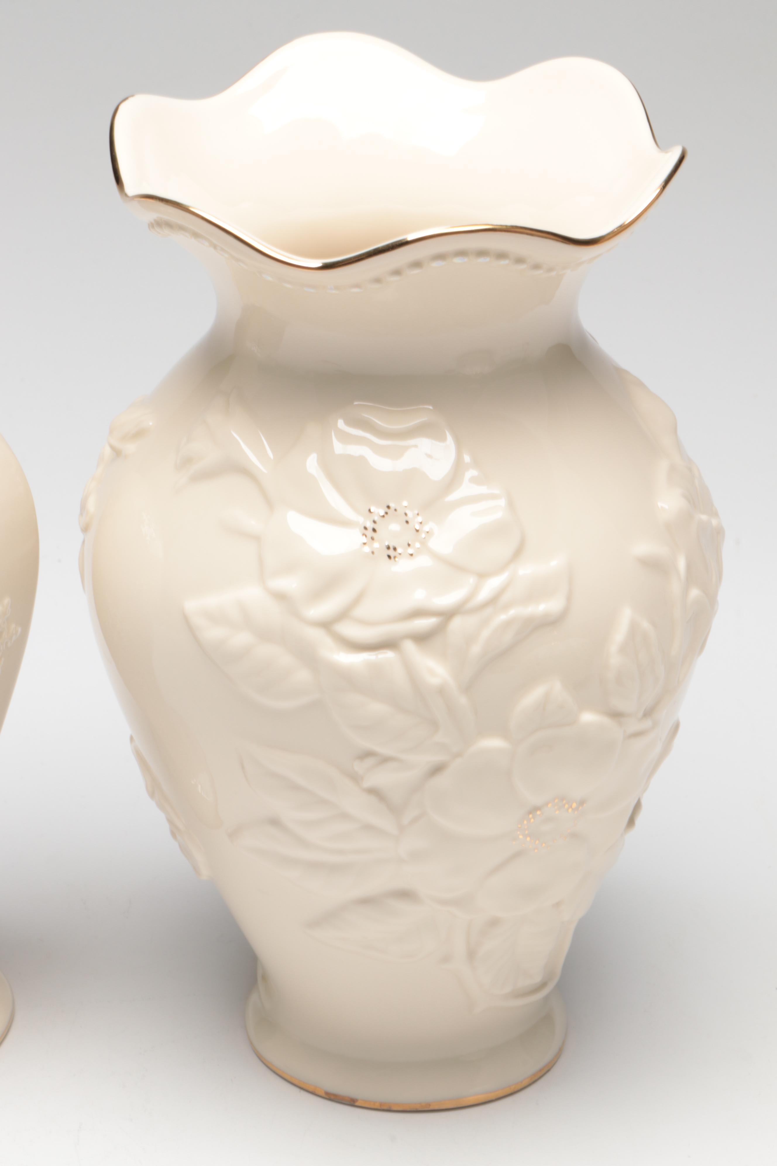 Lenox Fine China Vases with Gilt-Decorated Pumpkin Votive and Red Glass Bowl