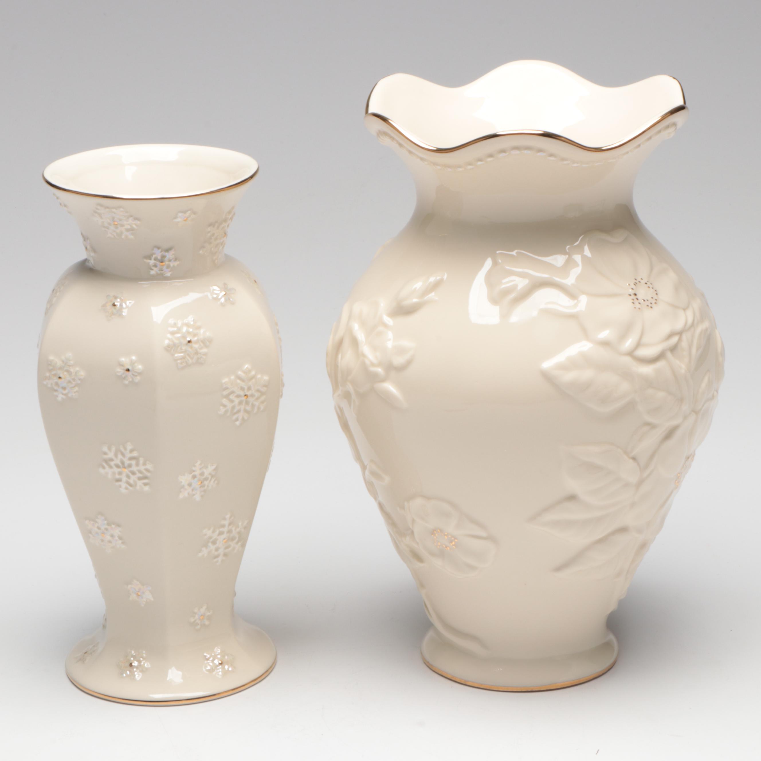 Lenox Fine China Vases with Gilt-Decorated Pumpkin Votive and Red Glass Bowl