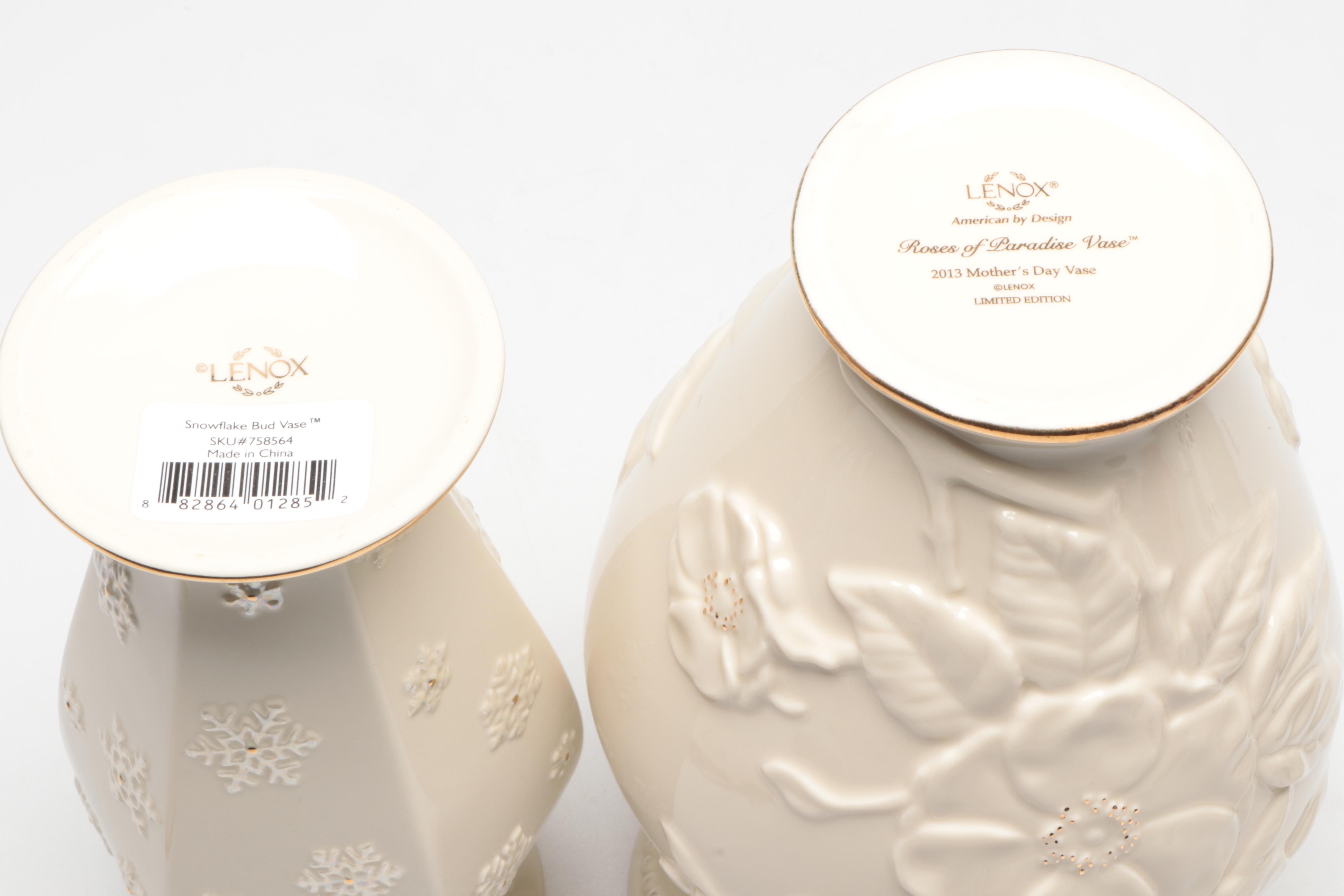 Lenox Fine China Vases with Gilt-Decorated Pumpkin Votive and Red Glass Bowl