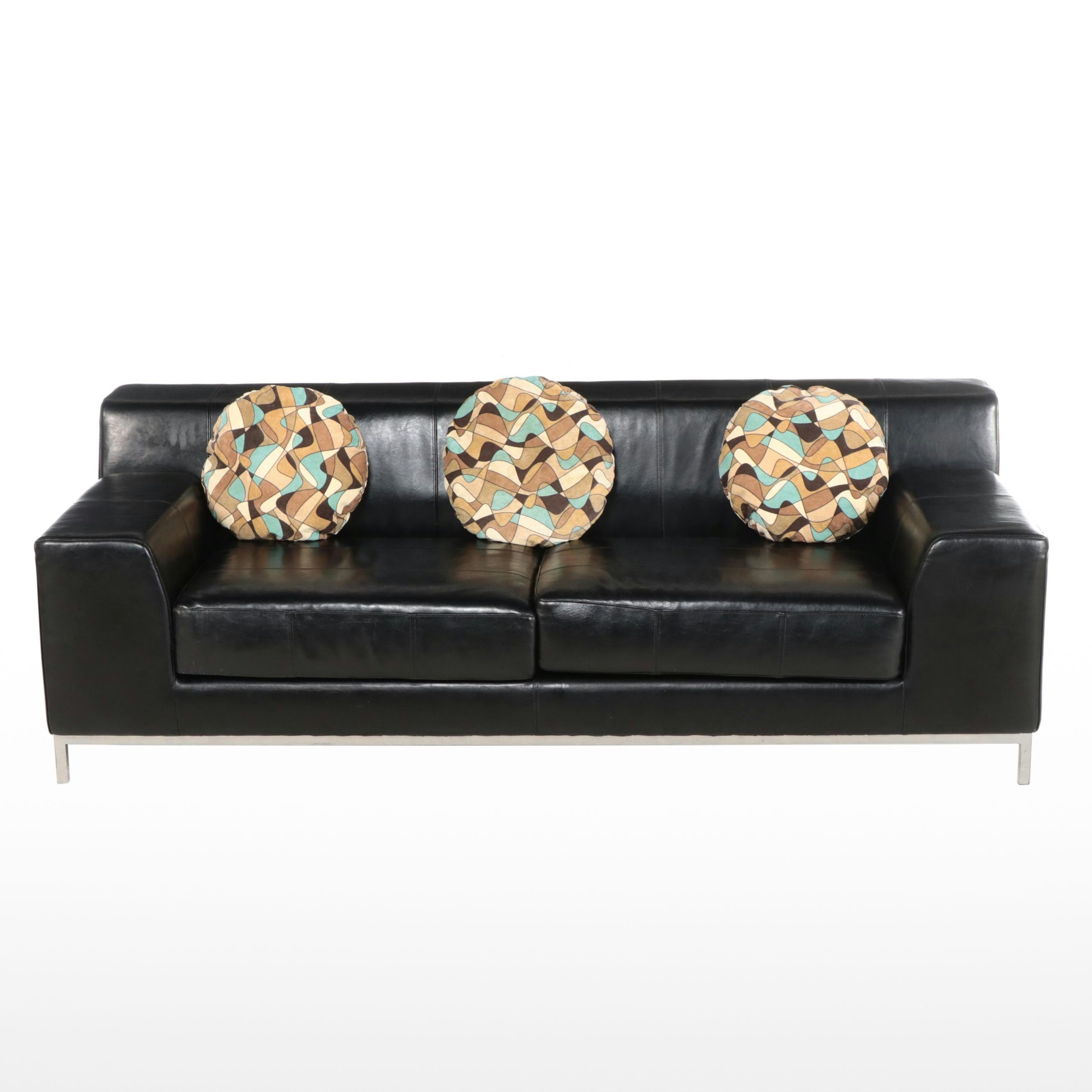IKEA Silver Powder-Coated Metal and Black Leather Sofa